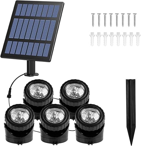Miniatura 8 de T-SUN Luces solares para estanque, 5 focos LED RGB que cambian de color, luces sumergibles de fuente, luz solar subacuática para pecera, ángulo de
