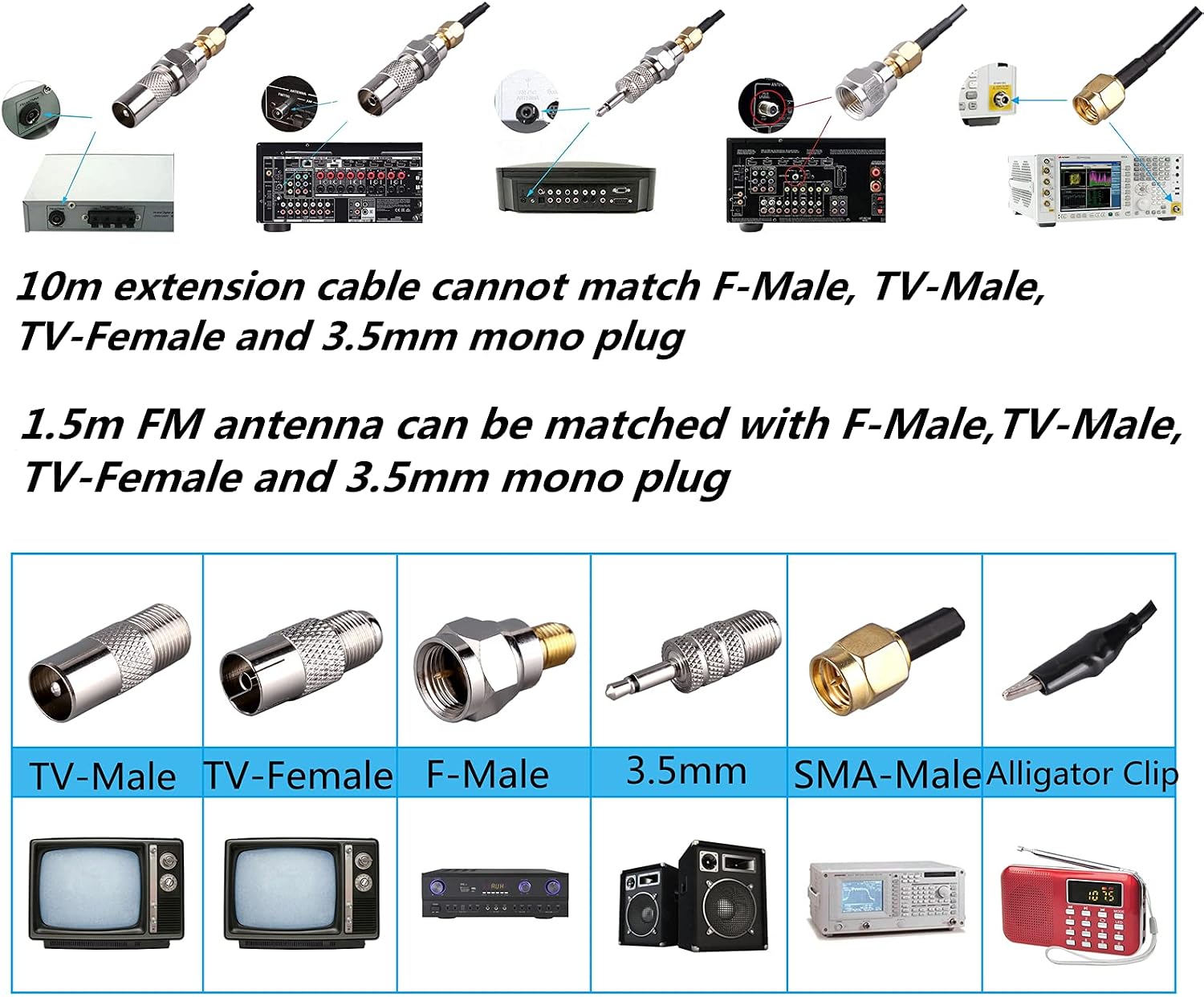Portable Radio Signal Antenna SMA-Male, Outdoor TV FM Stereo Antenna,33Ft Ultra-Low Loss Coax Signal Extension Cable with 6pcs Universal Antenna Adapter for FM Radio Portable TV