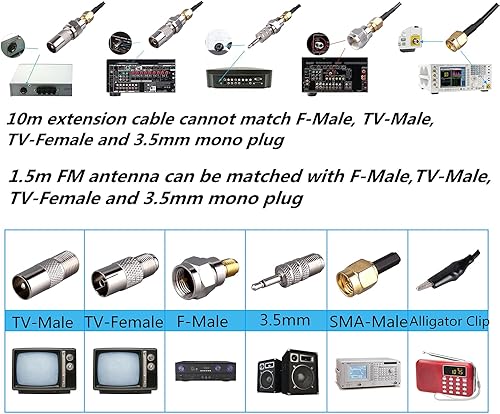Miniatura 2 de Antena de señal de radio portátil SMA-macho, antena estéreo FM, cable de extensión de señal coaxial de pérdida ultra baja de 33 pies con 6