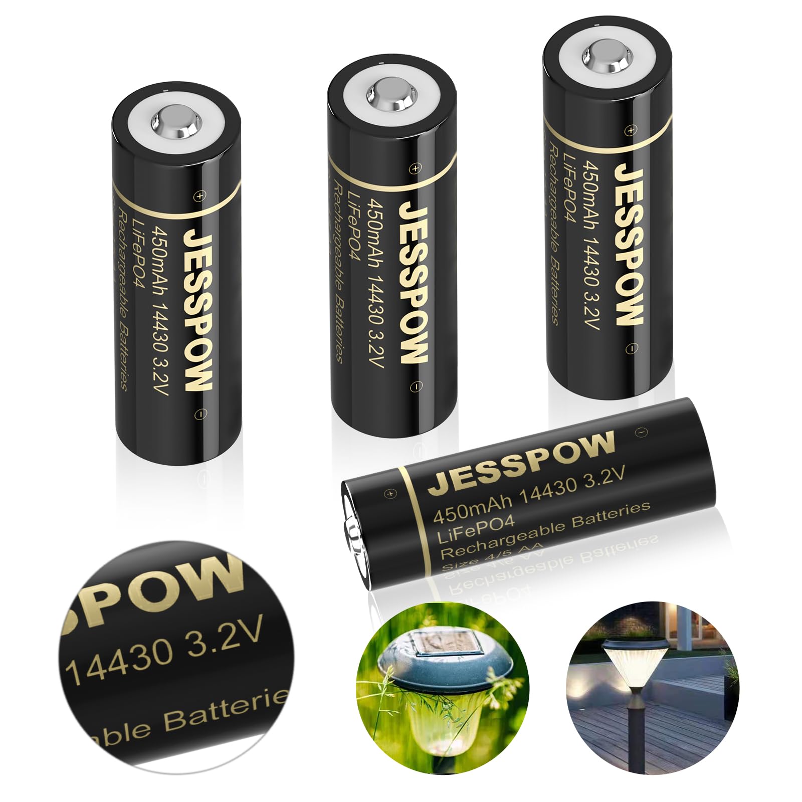 JESSPOW 14430 Battery, 14430 3.2V 450mAh LiFePo4 Rechargeable Solar Batteries 4 Pack for for Solar Panel Outdoor Garden Lights, Solar Panel Light, Tooth Brush, Shaver, Flashlight (NOT AA Battery)