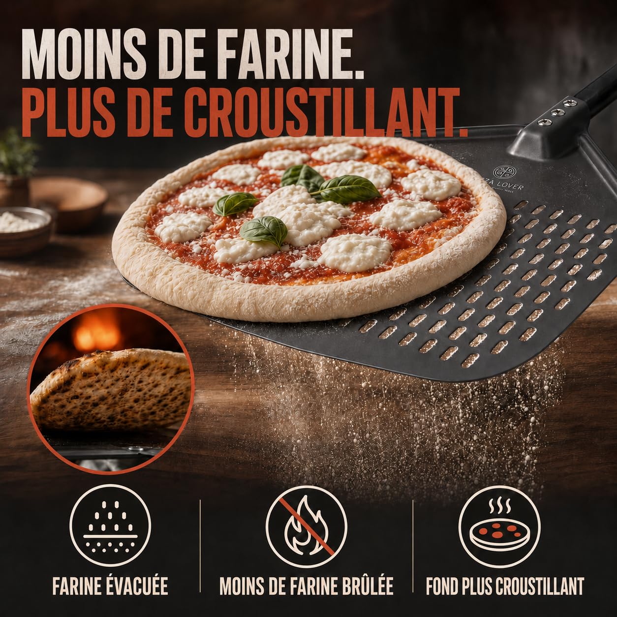 Pizza Lover Pelle à pizza perforée de qualité supérieure 30 x 30 cm spatule à pizza (anti-adhésif) pour pizza & pain faits maison Accessoire idéal pour pierre à pizza, four & barbecue