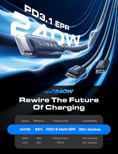 Vista 49 de LISEN Cable USB C a USB C de carga rápida de 240 W tipo C, cable de carga rápida tipo C, cables de seguridad de computadora para iPhone 17 16 iPad