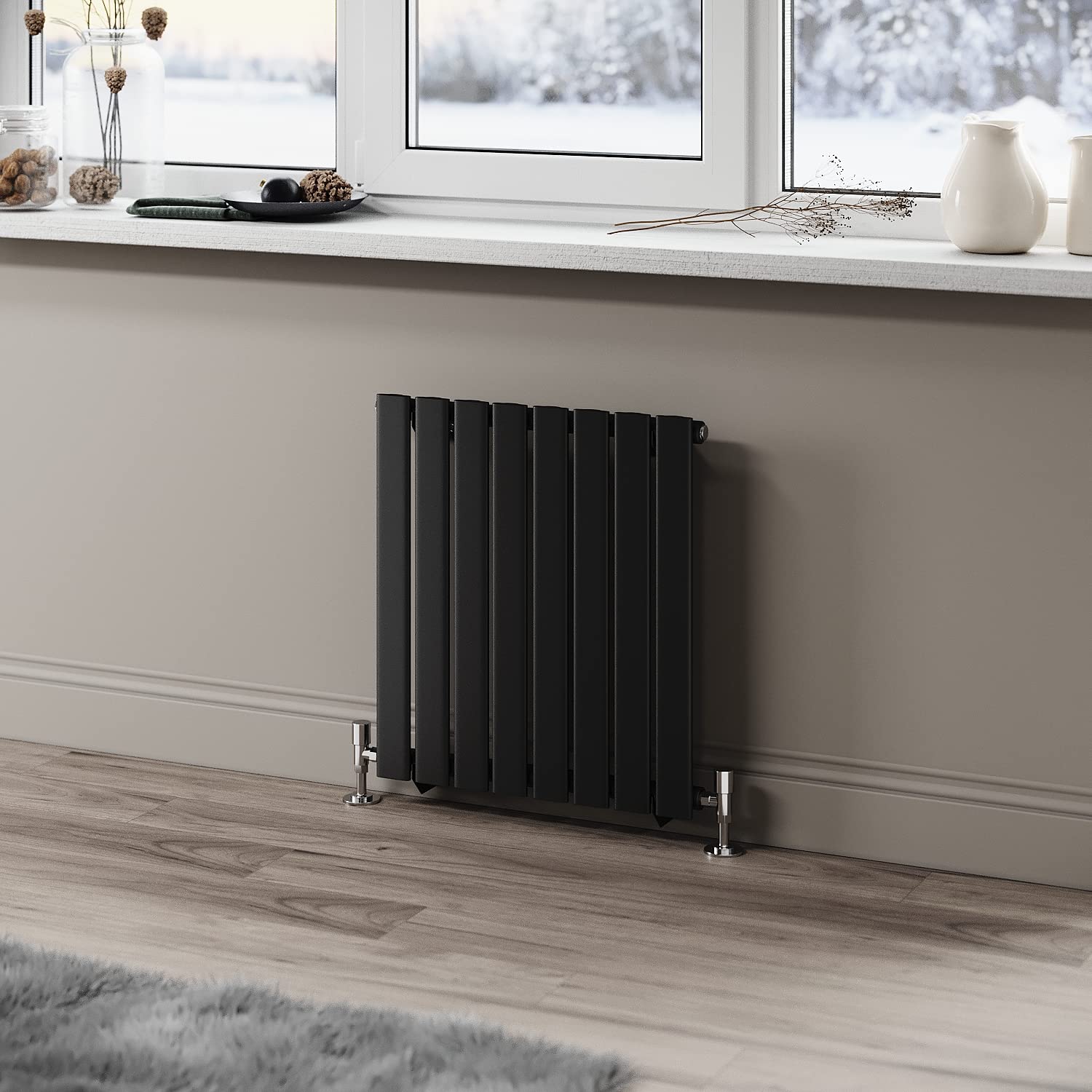 ELEGANT 600 x 544 mm Black Horizontal Radiator Single Flat Panel Radiator Column Designer Modern Central Heating Rad for Bathroom/Kitchen/Living Room
