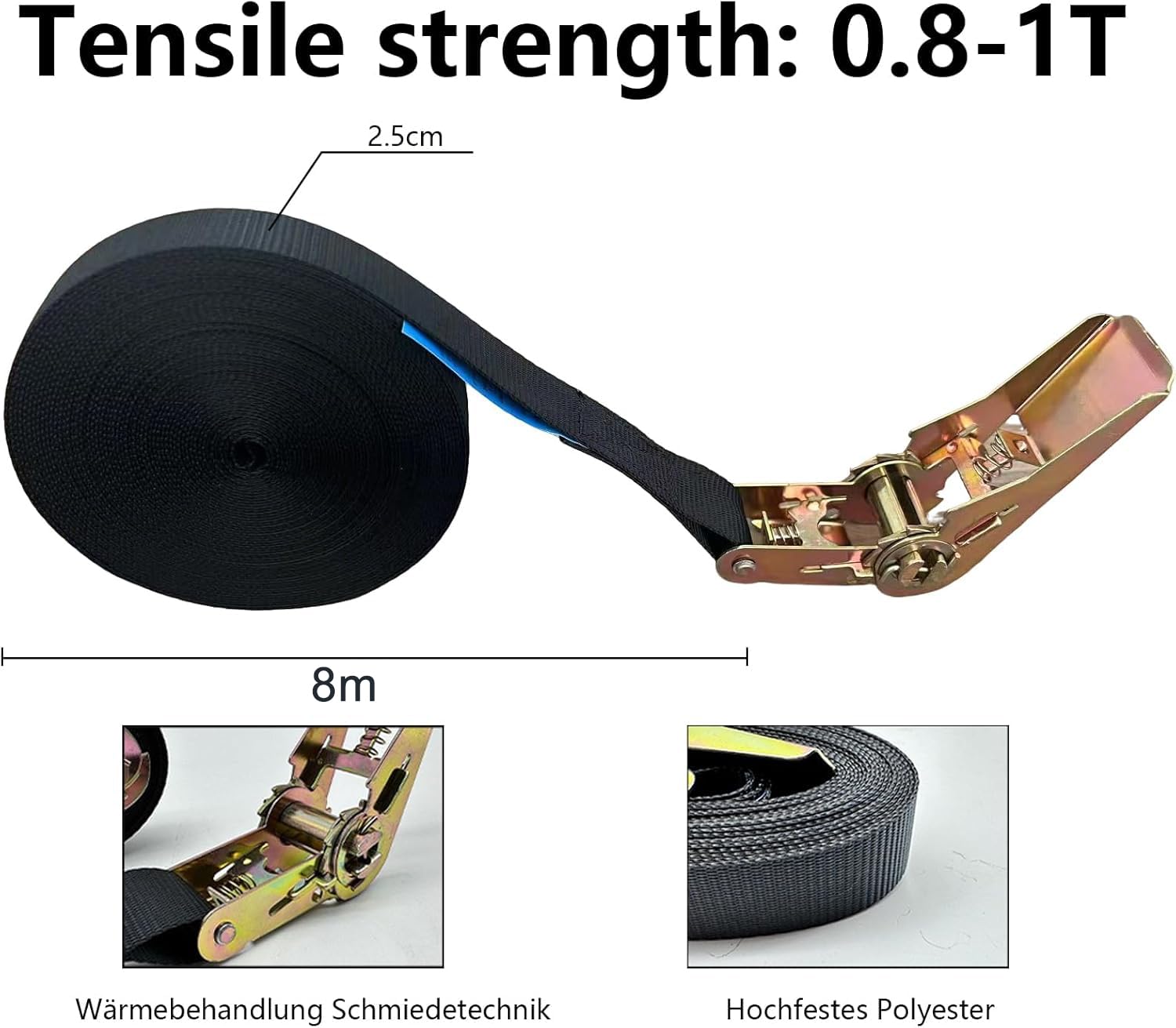 BetterJonny 2 x 8 m Sangle de fixation à cliquet pour 25 mm avec cliquet résistantes pour charge 1000 kg pour moto, vélo camion, total 16 m