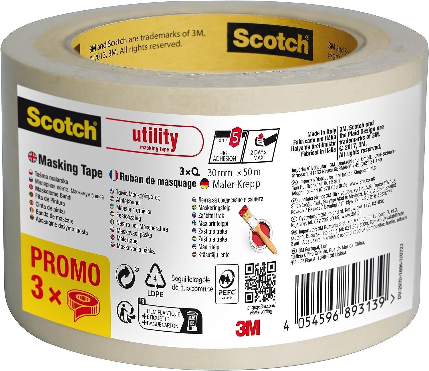 Scotch Kreppband Classic, 30 mm x 50 m (3 Rollen) - Hochwertiges Abklebeband zum Allzweck, Premium Malerkrepp für Malerarbeiten und Dekoration, 70% PEFC