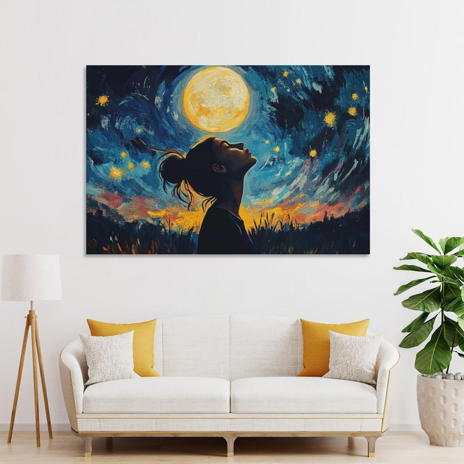 Junmoney Unframe-Style-24 Decorative Wall Artwork Woman Gazing At The Moon, 20X30inch(50X75cm), For New Homes, Bedrooms Or Workspaces, Canvas Artwork With Gifting Potential