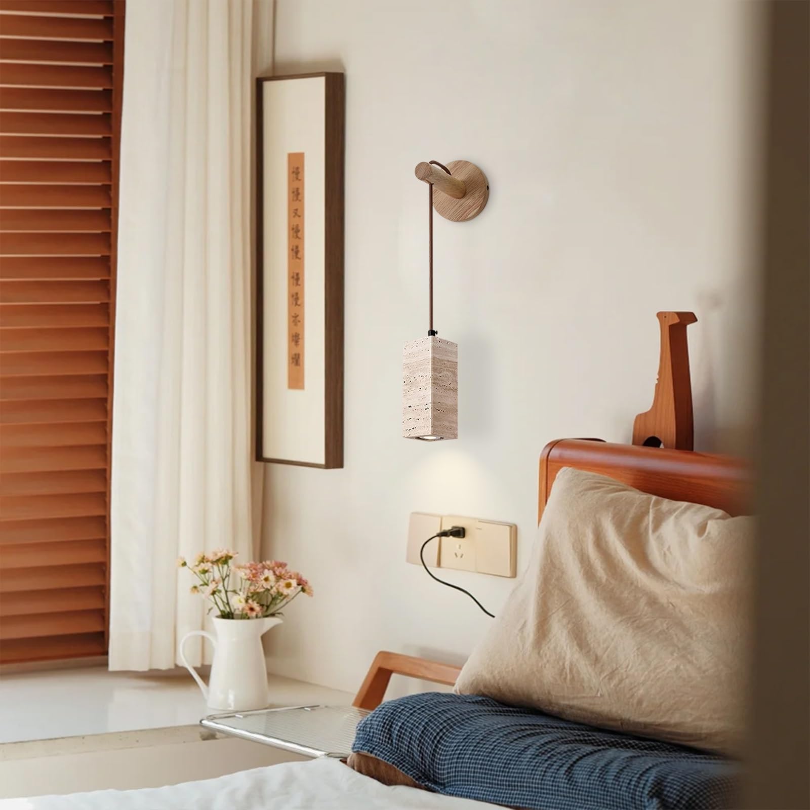 Apliques de Pared Modernos Interior Lámpara de Pared de Piedra Natural con Base de Madera Japonés Travertino Amarillo Altura Ajustable para Dormitorio Mesita de Noche O Pasillo (Color Madera)