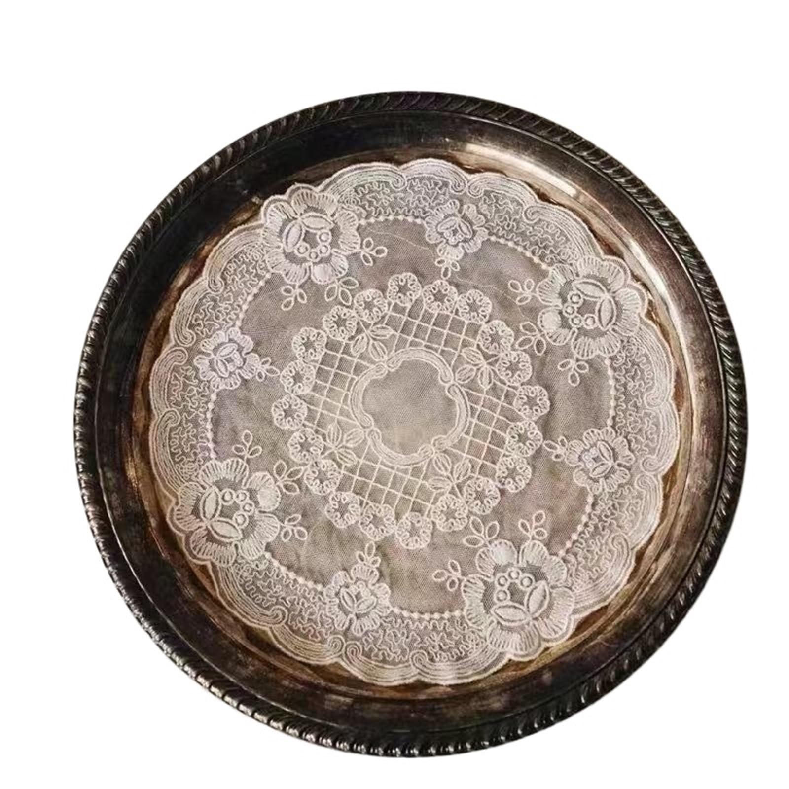 Placemats 2pc 18CM/27CM Round French Lace Embroidered Placemat Doily Coaster Fruit Snack Cake Mug Cup Mat Decoration(Beige,ROUND_27CM)