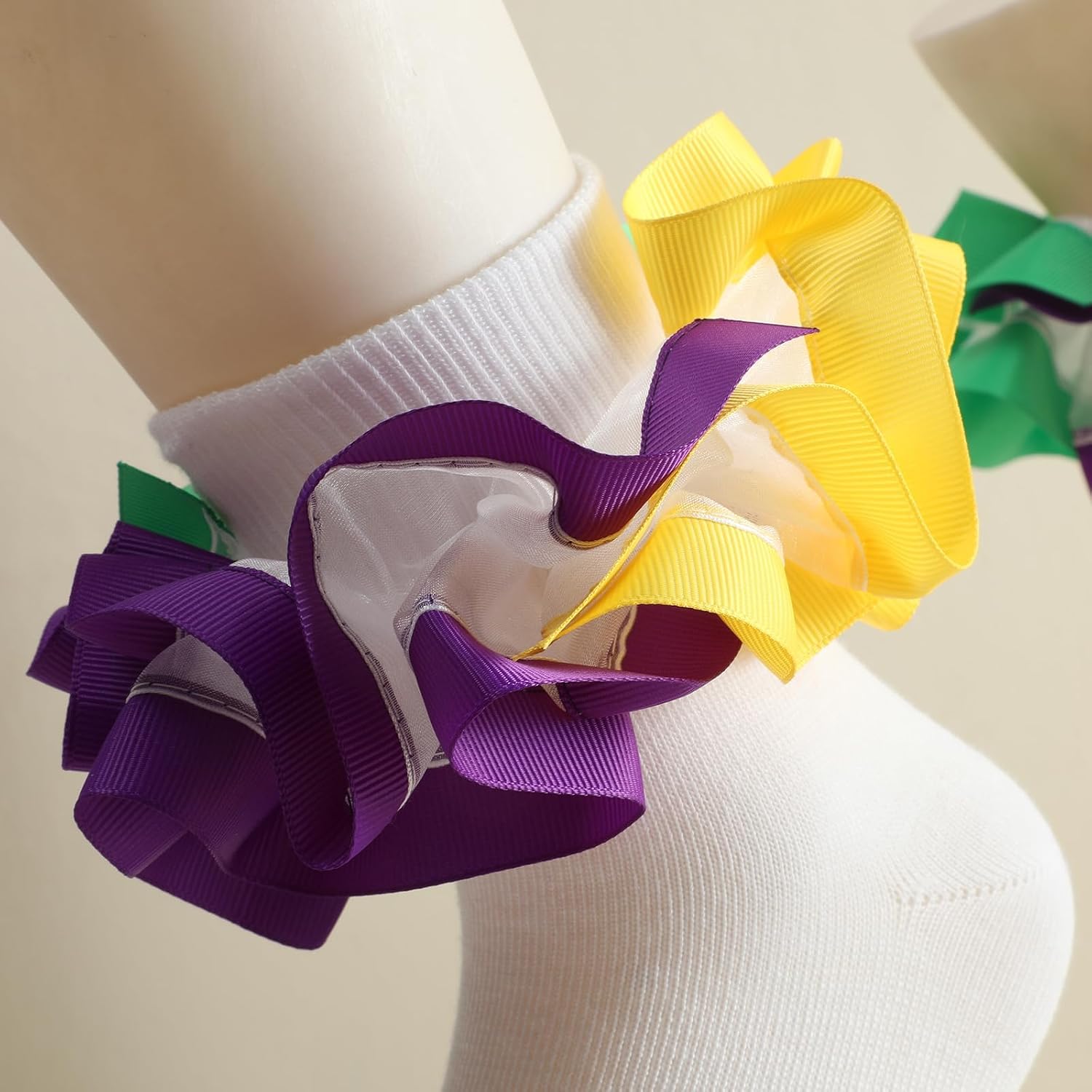 Mardi Gras Socks Lace Ruffle Frilly Ankle Sock for Girls Green Yellow and Purple Sock Cute Cotton Lolita Socks