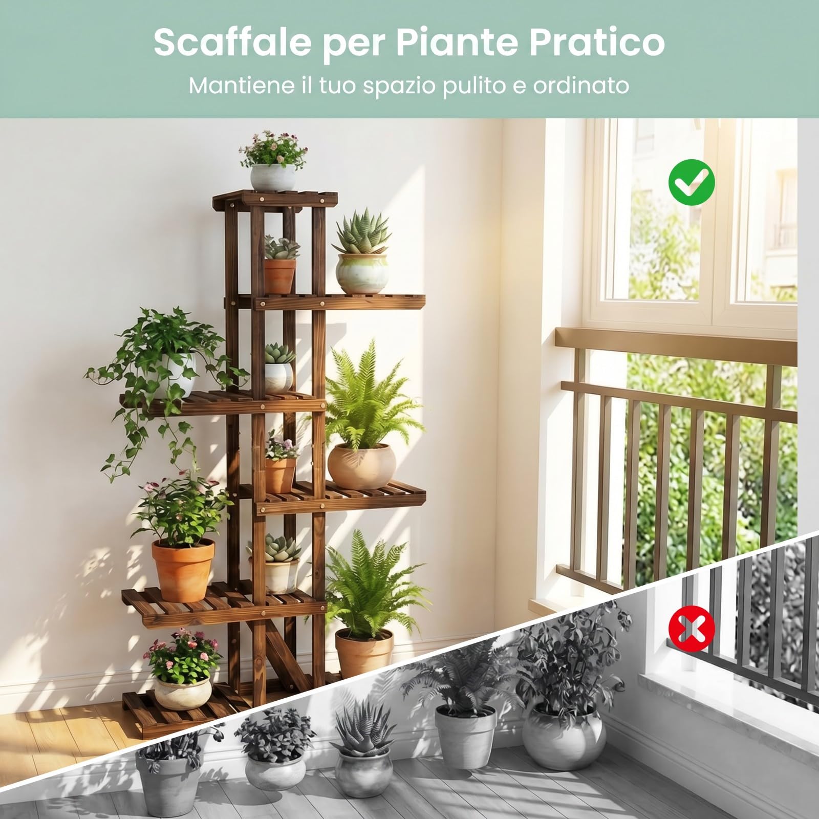 COSTWAY Portavasi a 6 Ripiani, Scaffale Portapiante da Esterno e Interno, Scaffale Portafiori in Legno Massello da Giardino, Terrazza e Balcone, 75 x 25 x 140 cm