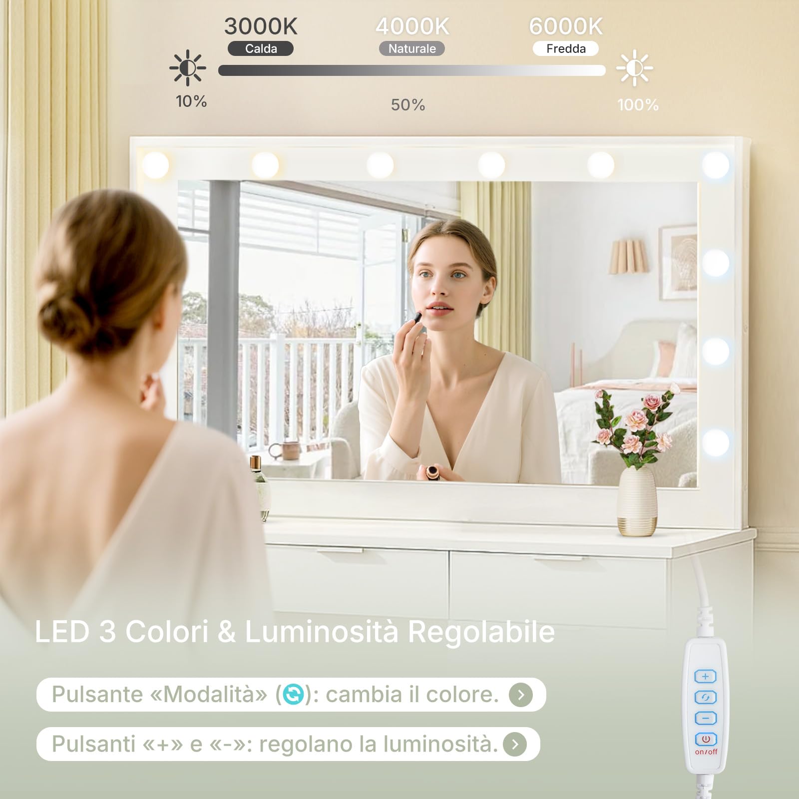 LEMROE Toeletta con Specchio LED e Sgabello, 3 Luci Regolabili, Tavolo da Trucco Bianco Moderno con 4 Cassetti e 1 Armadio, 40 x 105 x 140 cm