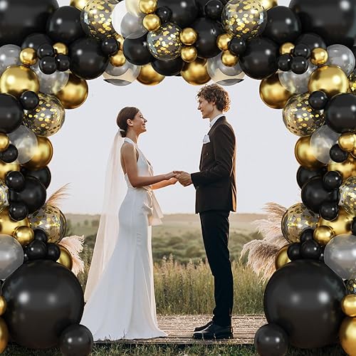Miniatura 7 de Kit de guirnalda de arco de globos negros y dorados, guirnalda dorada metálica negra con globos de confeti dorado para hombres y mujeres,