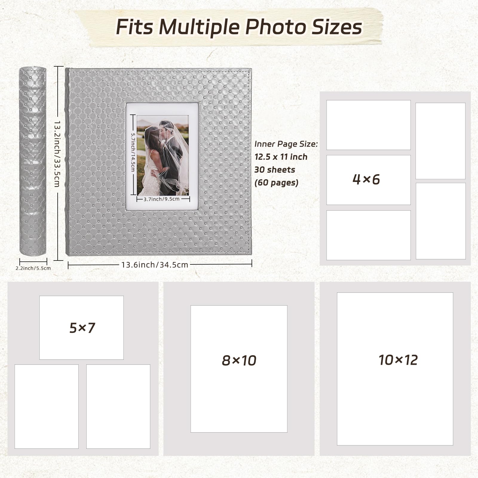 RECUTMS, 60 DIY-Fotoalbum mit selbstklebenden Seiten, Kunstlederumschlag mit Knopfprägung für Fotos in 10×15, 13×18, 20×25 cm, Hochzeitsalbum, Babyalbum, Erinnerungsbuch, Familien-Scrapbook, Grau | 30 Blatt/60 Seiten, für Fotos der Größe 7,6 x 12,7 cm, 10