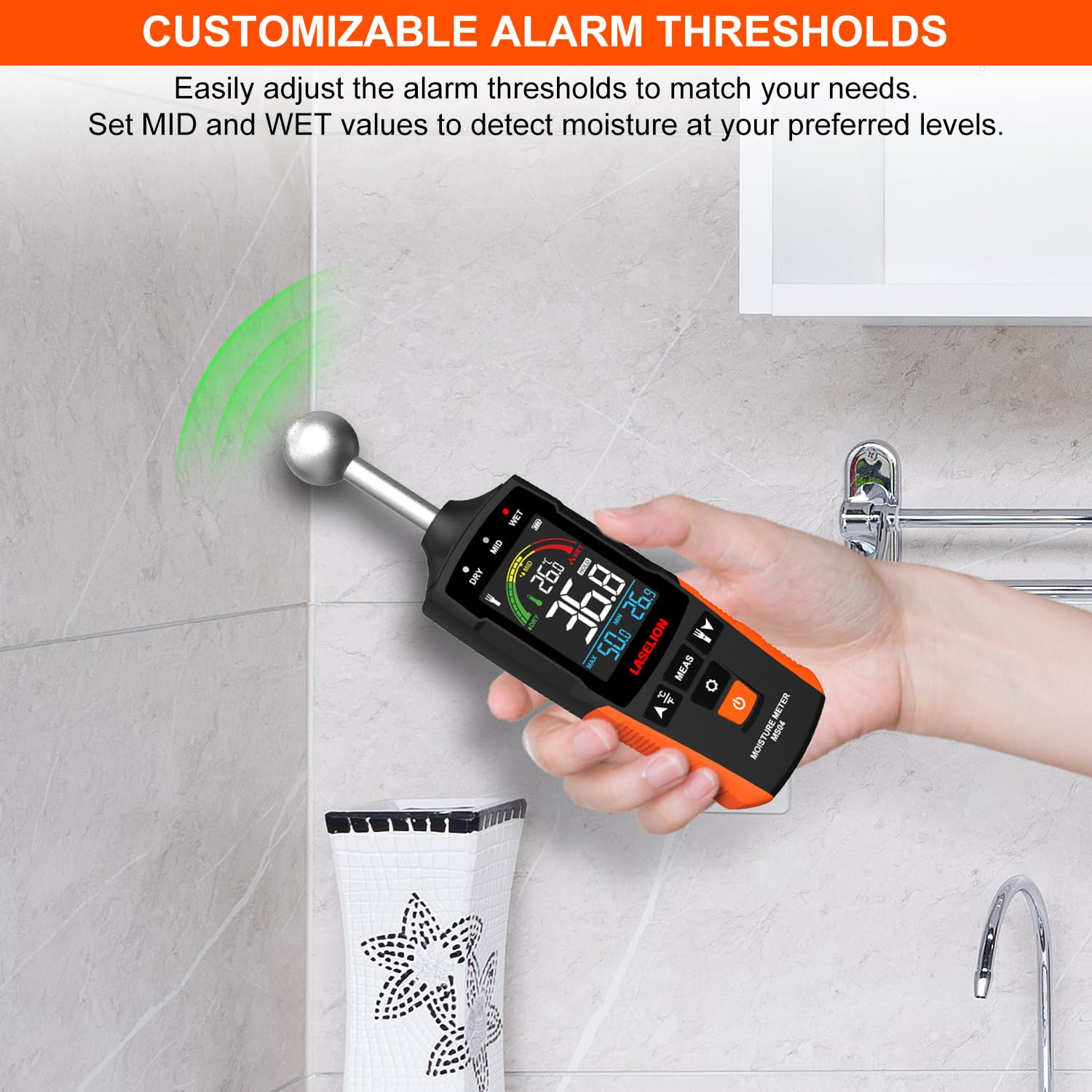 LASELION MS04 Pinless Moisture Meter with Ball Probe for Non-Destructive Area Scans Ideal for Wood Walls and Construction Materials Customizable Humidity Alarms Built-in Flashlight — Amazon image 6