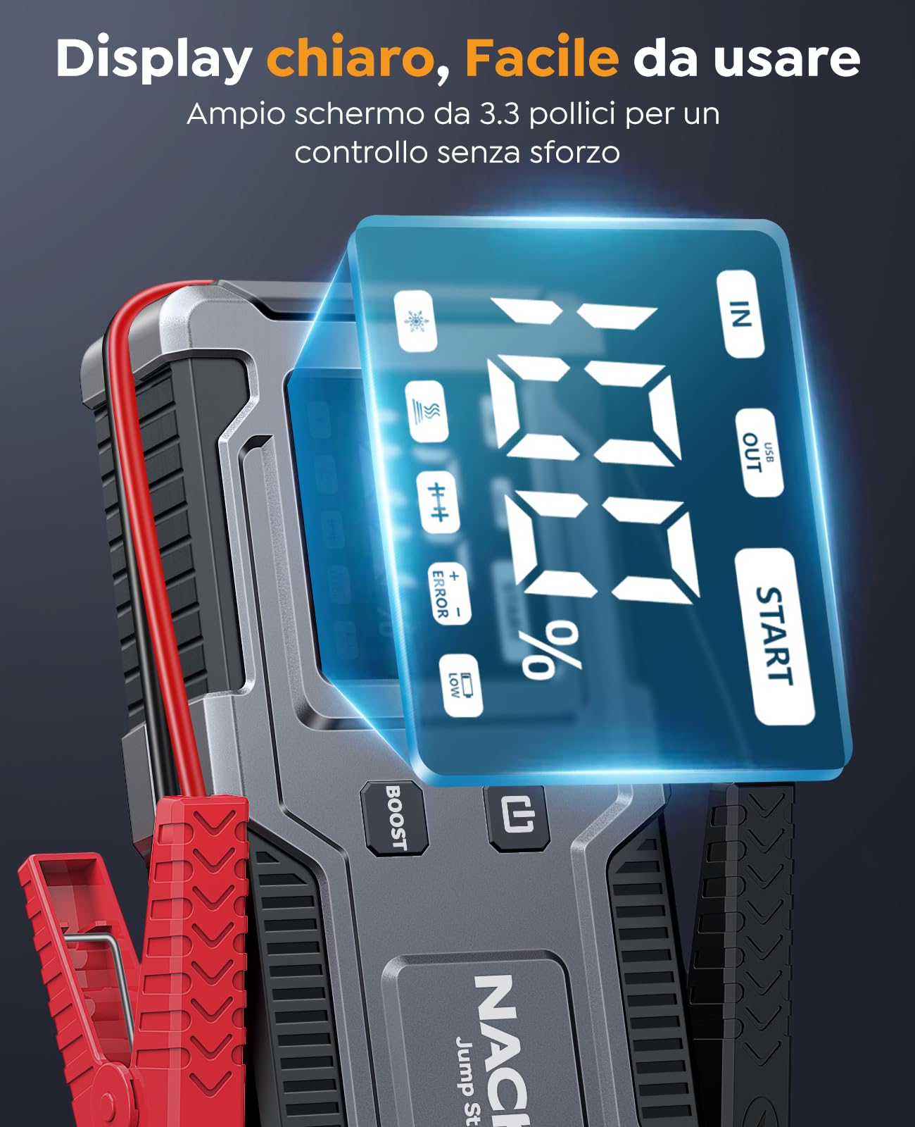 Avviatore Batteria Auto, 8000A Avviatore di Emergenza per Auto/Moto (9,0L Gas or 7,0L Diesel), Starter Batteria Portatile Jump Start con Cavi Integrati, Torcia LED, Lunga Autonomia, Ricarica Rapid
