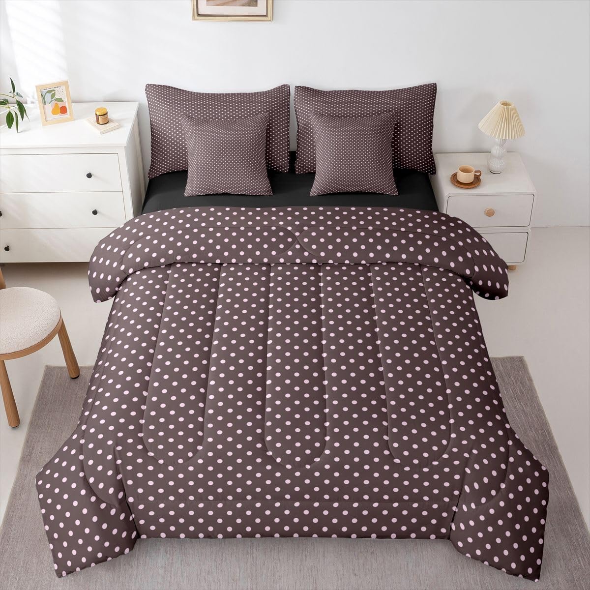 Erosebridal Polka Dots Kids Girls Brown Pink Full Comforter Set 7 Pieces | Boho Brush Stroke Bed in A Bag for Bedroom Kawaii Aesthetic Bedding Set with Comforters Geometric Cute Room Decor