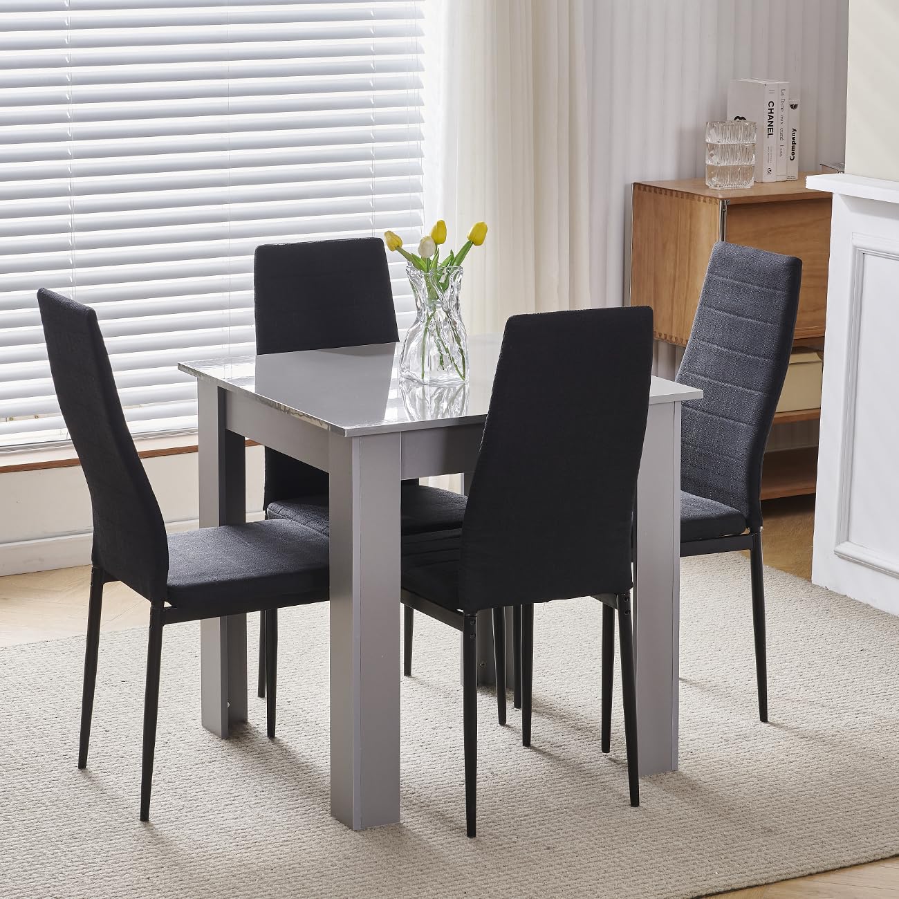 Homullel 75x75 cm Small Dining Table and 4 Chairs, 4 Seater Table and Chairs Set Kitchen Dining Room Set for 4, Compact, Space Saving, Wooden, Glossing Tabletop Grey (4 Seats, Linen Black)