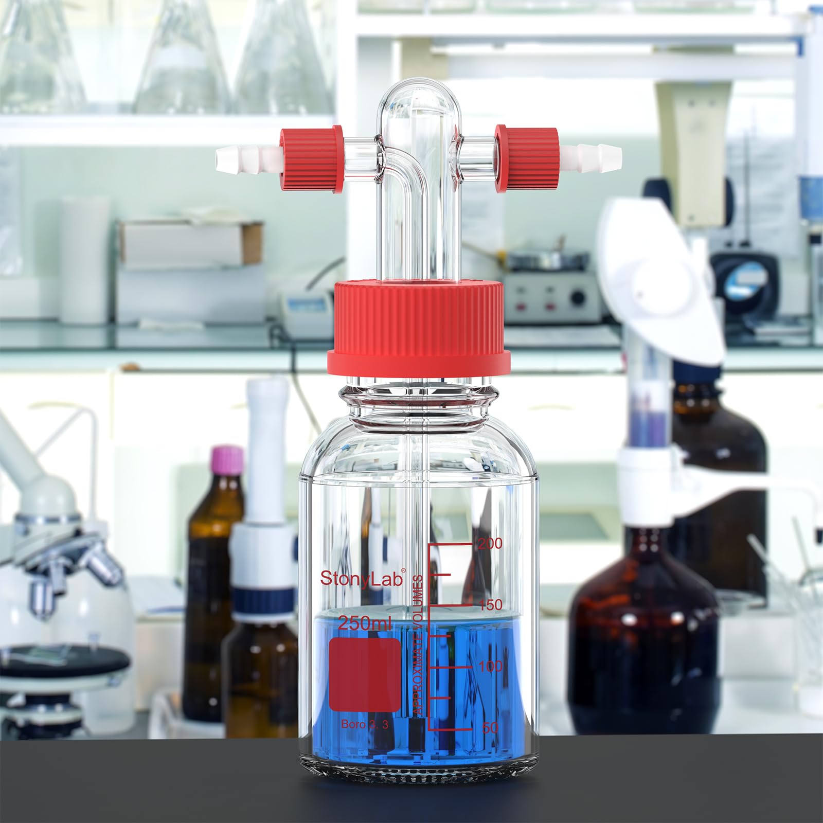 stonylab Gaswaschflasche aus Borosilikatglas mit GL45 Schraubverschluss, PP-Kappe und PTFE-Hülse, 8 mm Schlauchanschluss für Laborlagerung und Dosierung, 250 ml
