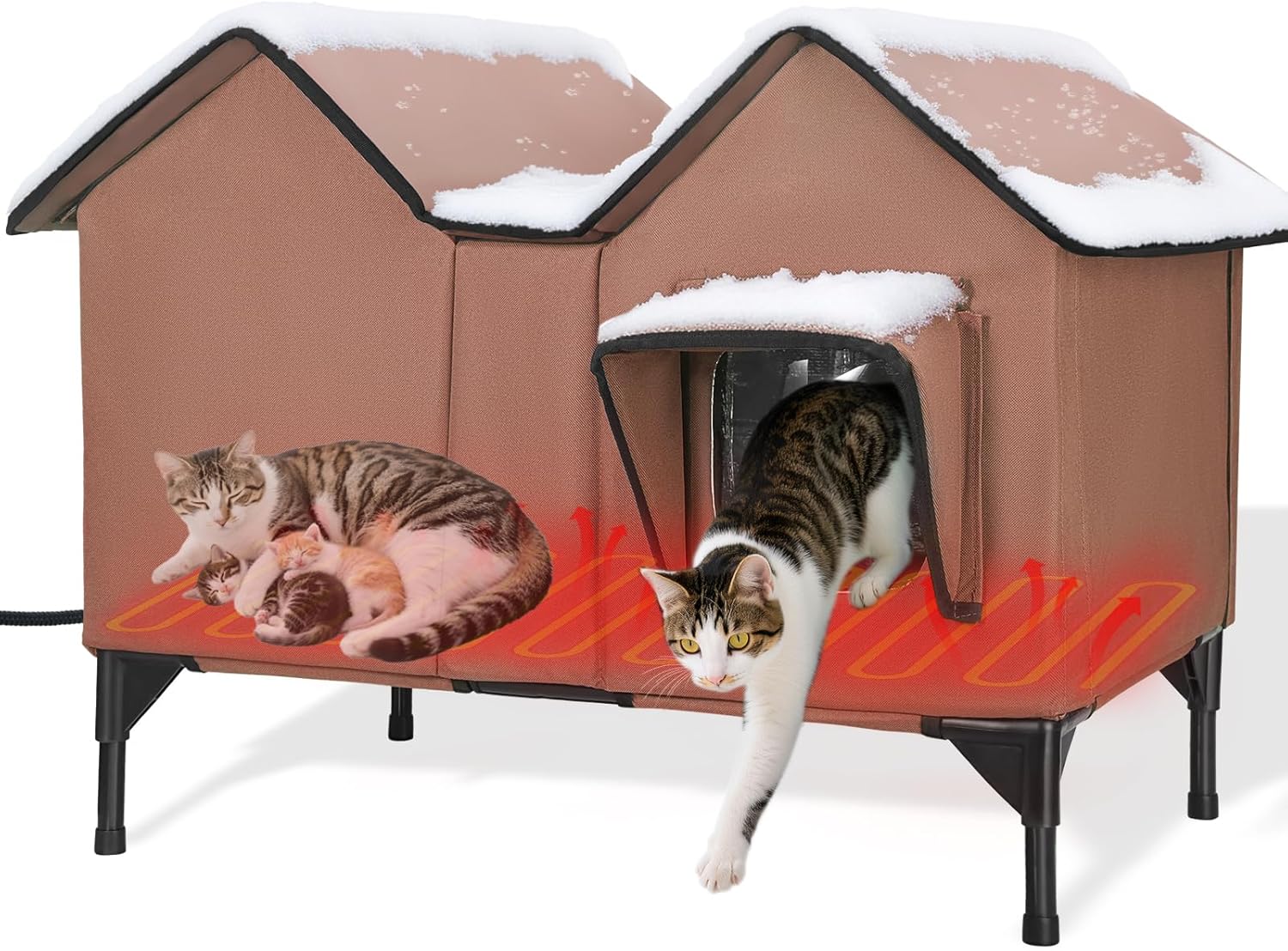 Heated Cat House for Outside Winter, Extra Large Heated Outdoor Cat House Weatherproof, Elevated Bed, Escape Door, Insulated Outdoor Cat Shelter with Heater for Multiple Cats Feral Stray Kitty