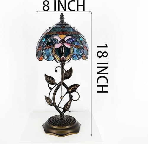 Miniatura 4 de Small Tiffany Lamp Sea Blue Baroque Style Stained Glass Table Lamps Desk Bedside Reading Light 8X8X18 Inches with Bronze Metal Leaf Resin Base