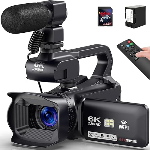Caméscope 6K 64MP Écran Tactile 18X Zoom Numérique Vision Nocturne Infrarouge Vlogging Caméra pour YouTube, Caméra vidéo WiFi avec Pile 4500mAh, Carte SD 64 Go,Stabilisateur,Microphone et Télécommande - Noir6k