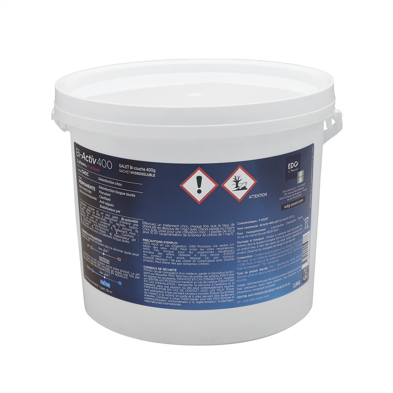 EDG Premium BI-ACTIV 400 Galets 400g Sachets Hydrosolubles - 2,8kg | Chlore Lent Stabilisé Multiaction - Désinfection Régulière Multifonction Action Choc - Dissolution Lente + 10 Tests HPS OFFERTS