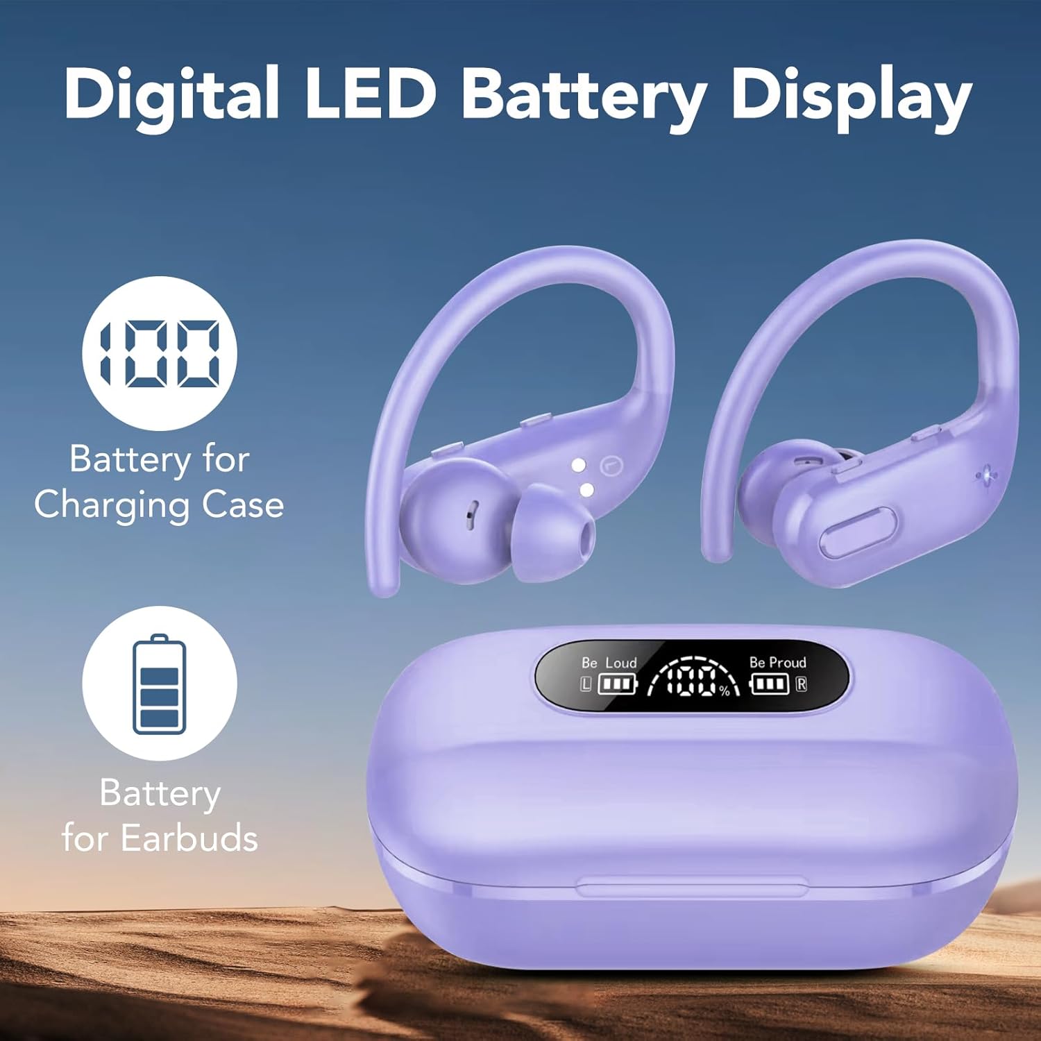 IKT Bluetooth Headphones Wireless Earbuds 80Hrs Playtime with LED Charging Case Sports Ear Buds with Earhook Deep Bass IPX7 Waterproof Over-Ear Earphones Built-in Mic for Exercise Running Purple