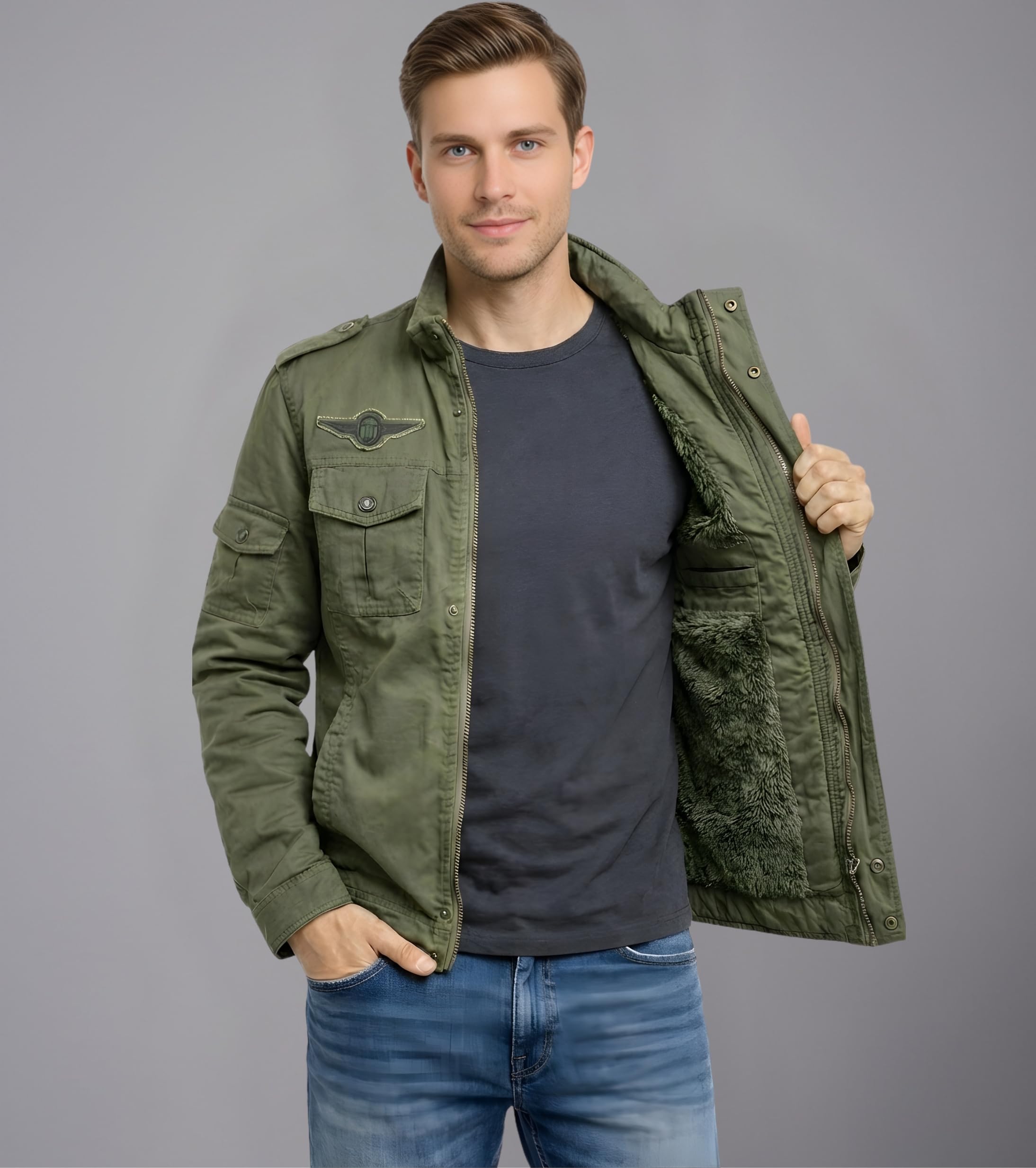 L'MONTE Imported Casual Cotton Standard Length Fur Winter Jacket for Men (XL, Green) 2