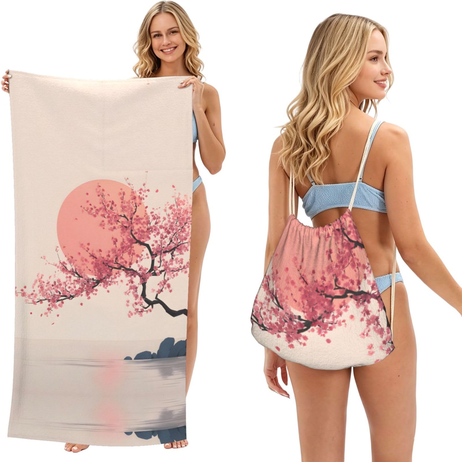 EZDLOWVBA Minimalist Cherry Blossom Print Beach Towel Backpack 2 In 1 Summer Large Lightweight Beach Towel - Multifunctional Ship Pattern Towel Bag For Storage,Sport