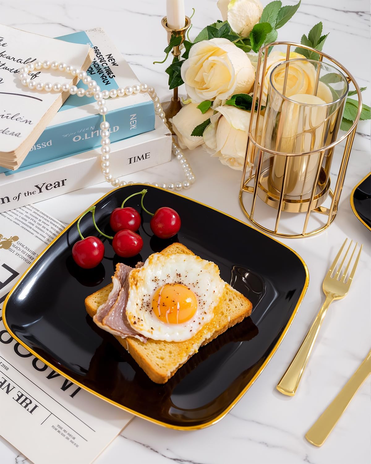 bUCLA 50PCS Black and Gold Plastic Plates - Square Black Gold Plastic Disposable - Include 25 Dinner & 25 Dessert Plates, Ideal for Party & New Year - Image 6