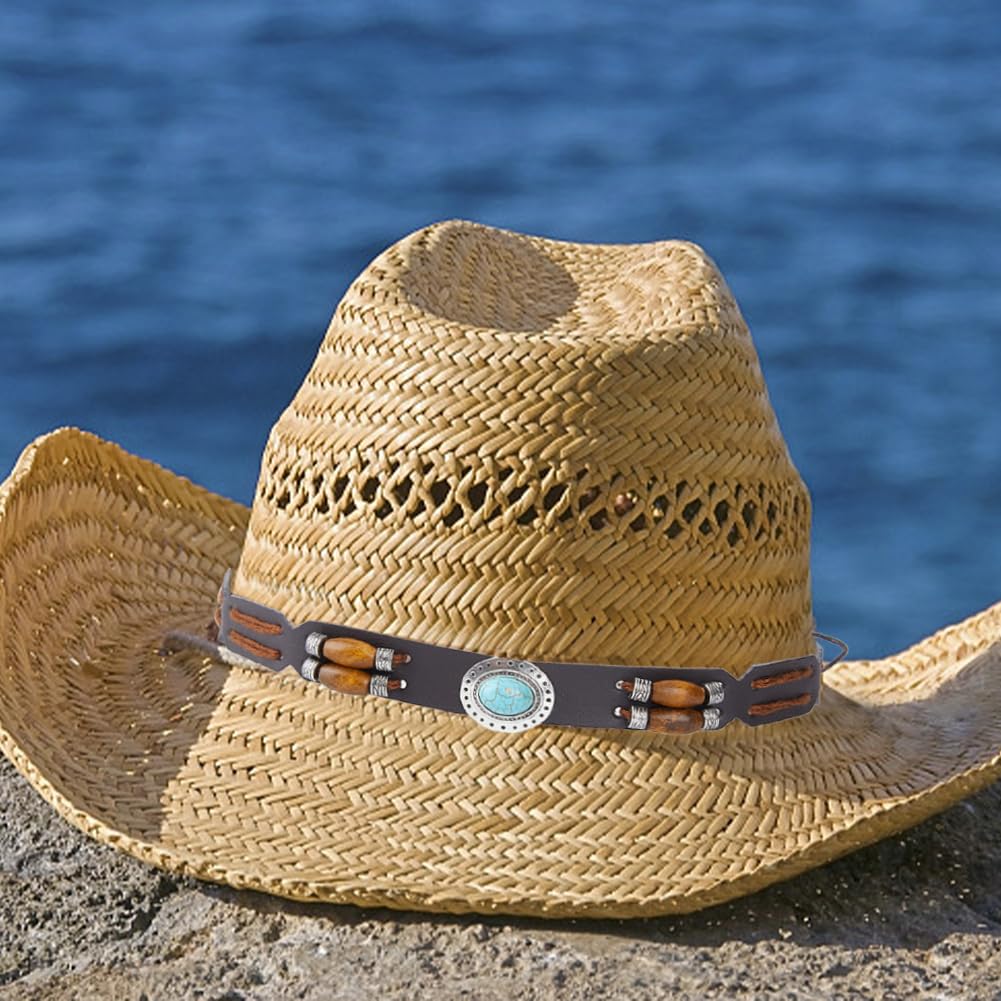 Chapeau De Cowboy Western Fait Main Pour Femme – Simili Cuir Turquoise Et Concho – Taille Unique (48 Cm)