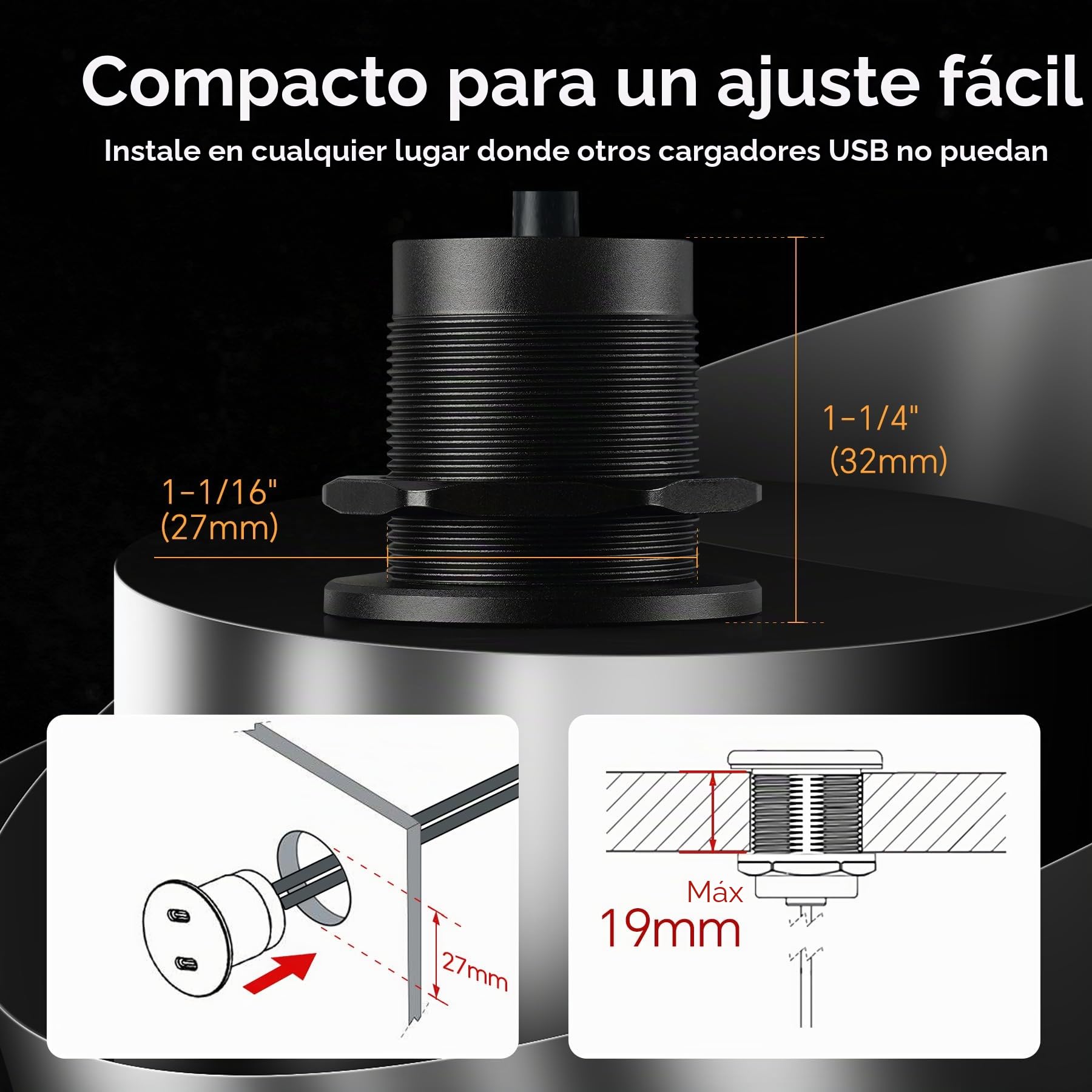 Toma USB 12V Camper Aluminio, Doble Puerto PD 3.0 USB-C 20W Socket, Carga Rápida Cargador USB 12V para Barco Marino Camión Autobús Autocaravana Coche Barco, 2pcs