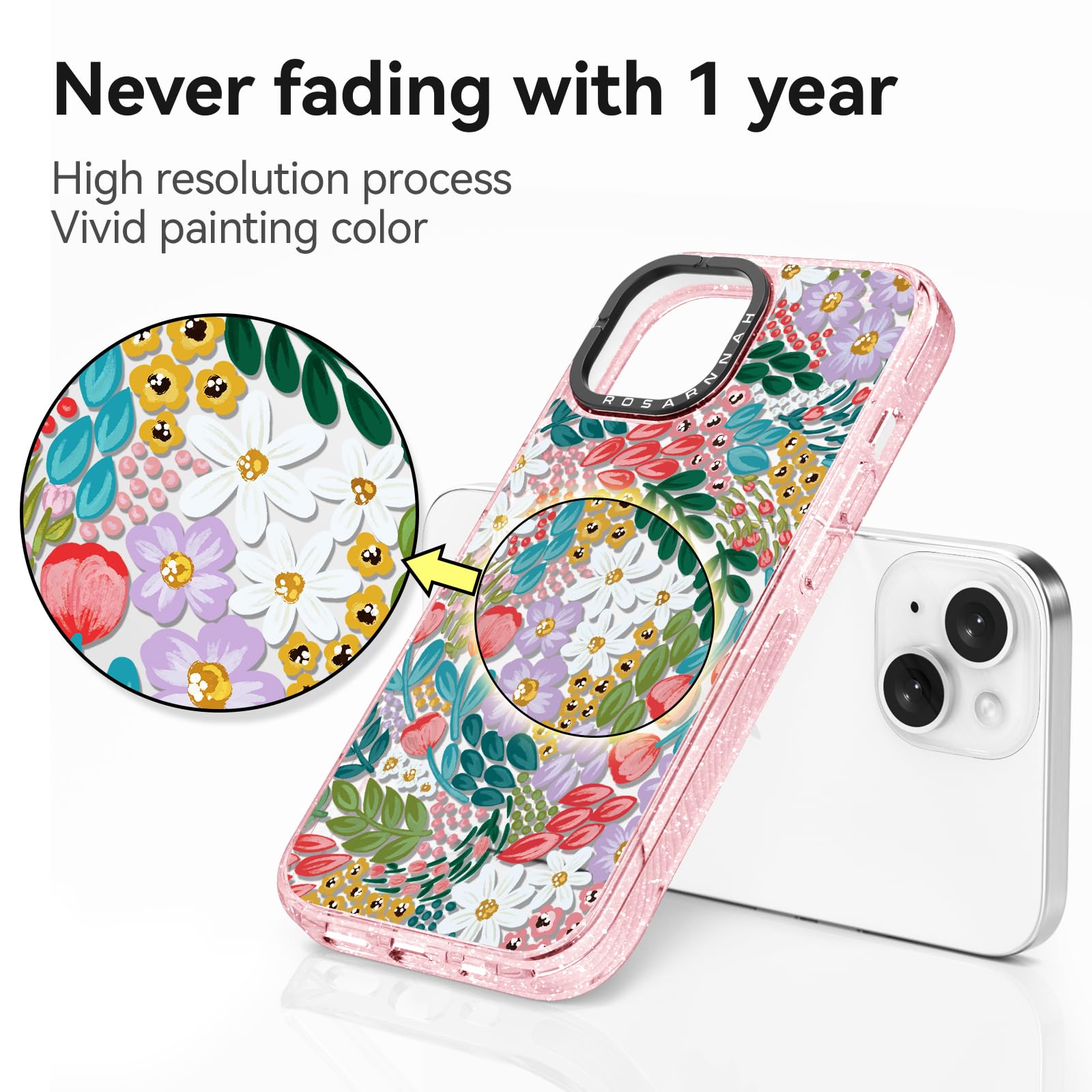 Rosarnnah for iPhone 14 Pro Case Cute - Durable Shockproof 6.6 ft Drop Impact Phone Case - Funny Skeleton Design (6.1") Glitter Pink: iPhone 13 Basic Case Gorgeous Floral