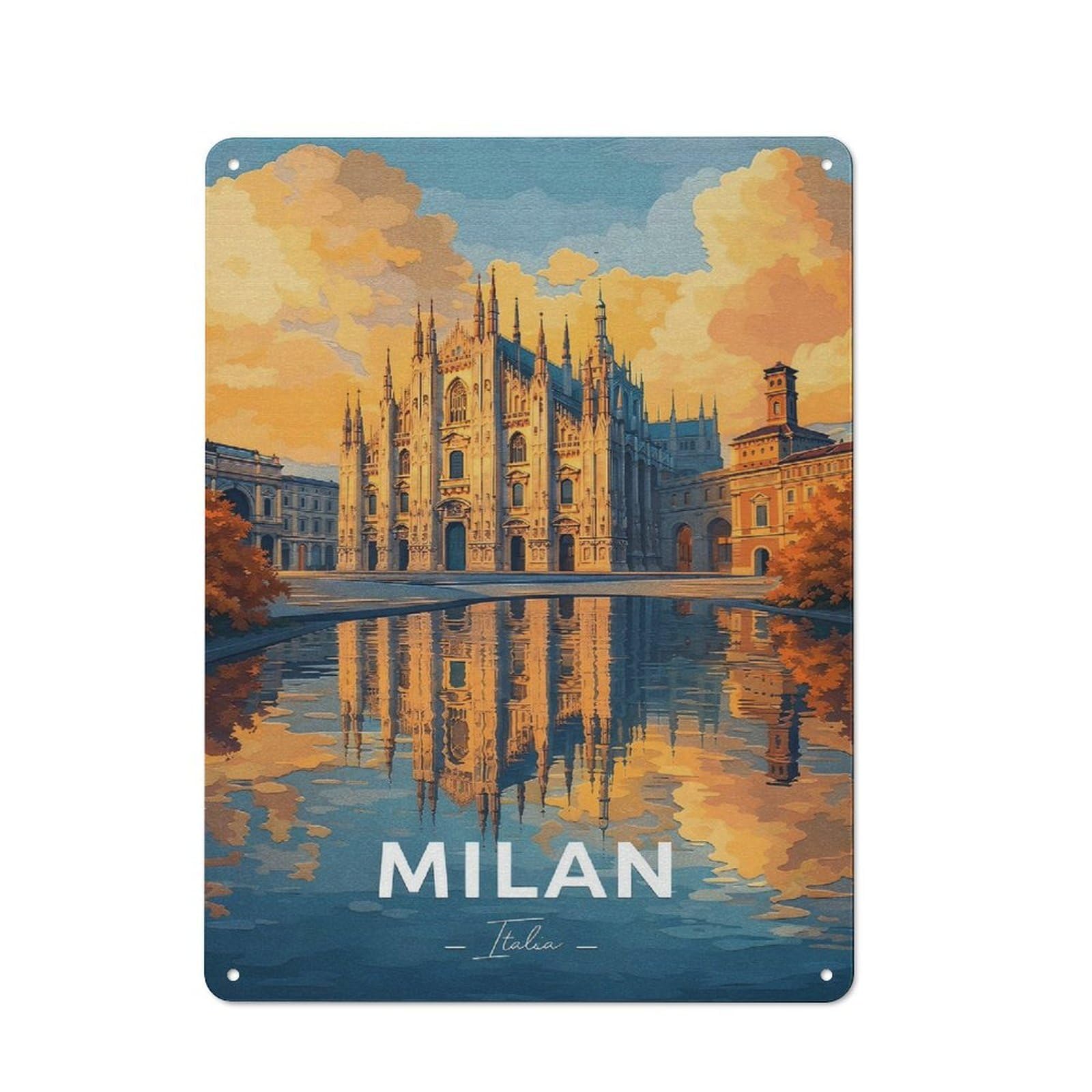 Junmoney Style-12 Milan Cathedral Reflection Warehouse Style Metal Wall Decor 40X30cm, Metal Wall Sign For Workspace, Cafe, Hallway Or Garage