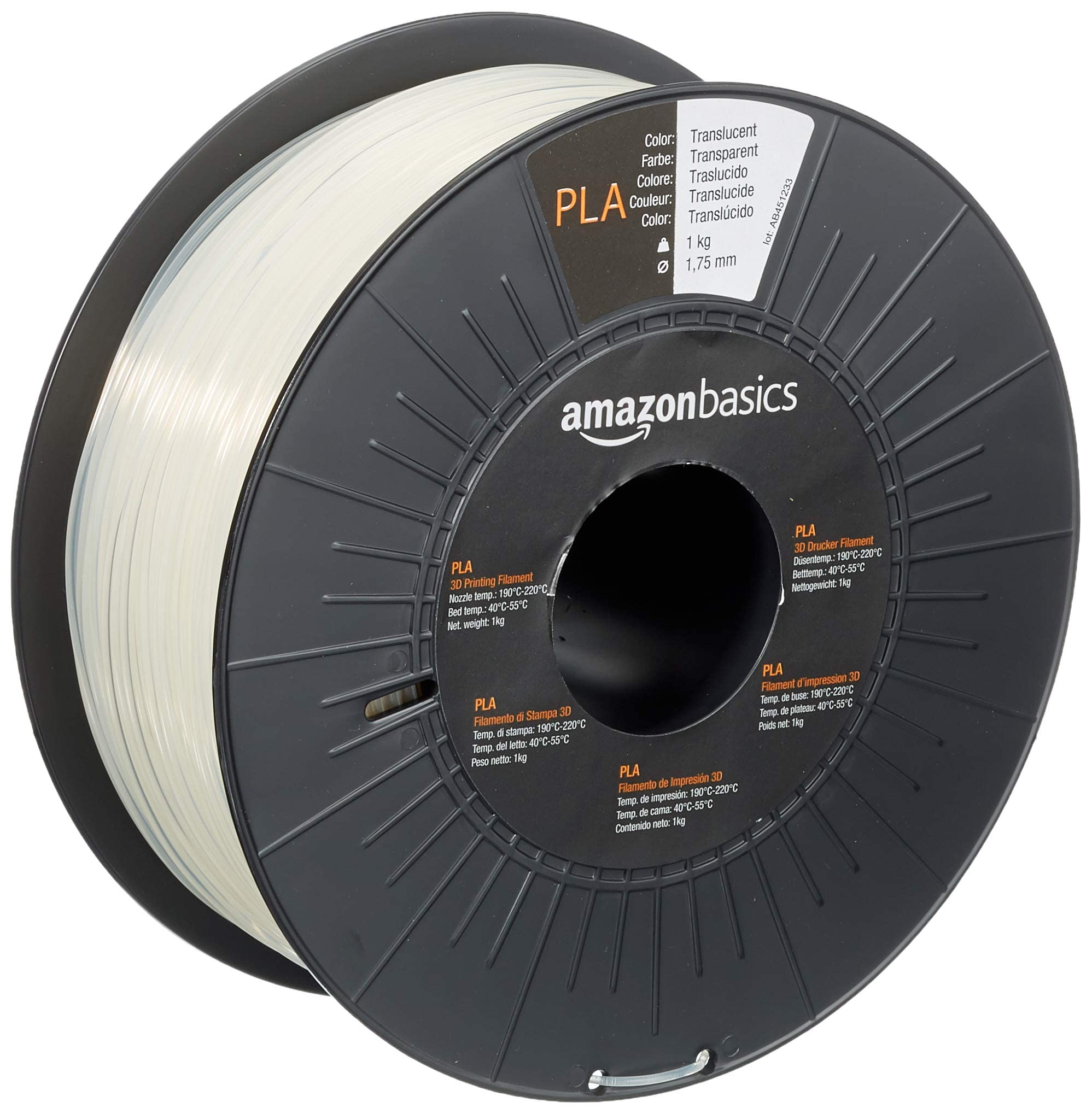 Amazon Basics PLA 3D Printer Filament, 1.75 mm, Translucent, 1 kg Spool