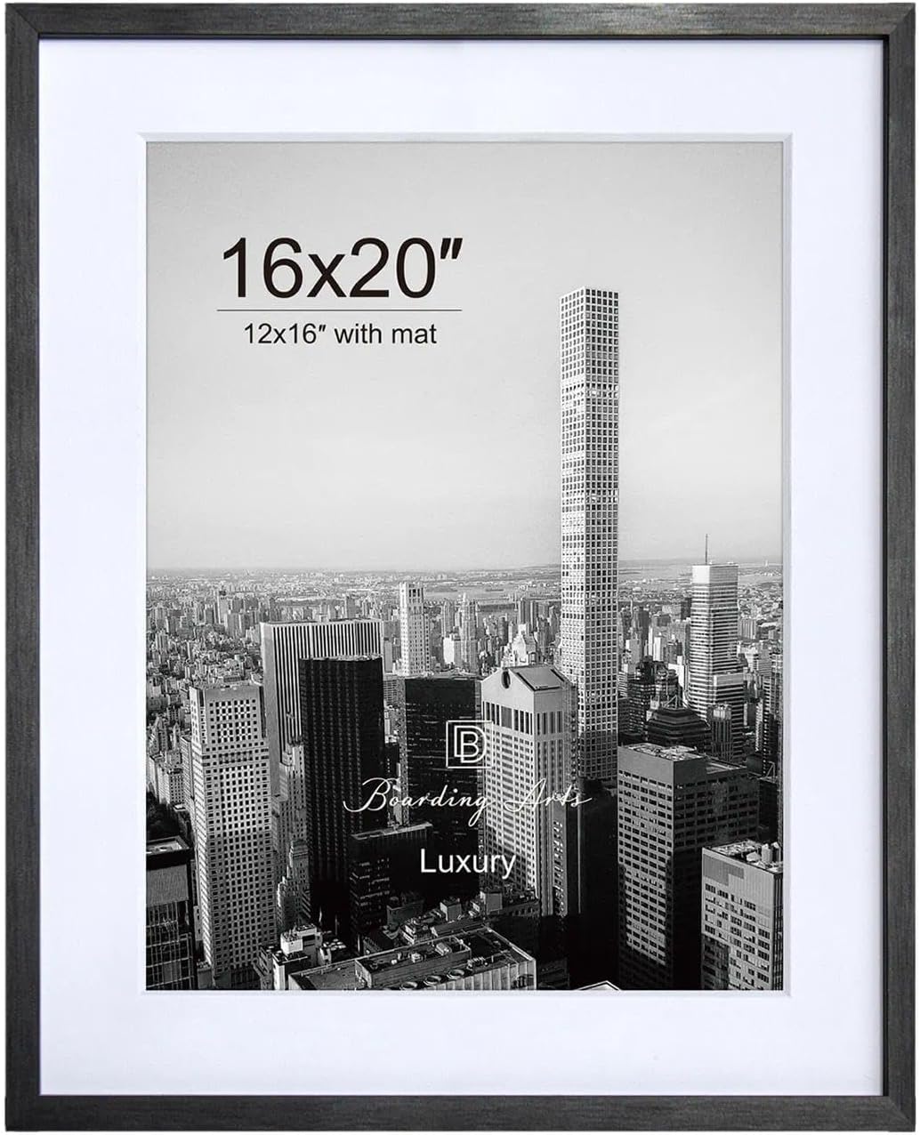Boarding 16x20 Metal Picture Frame with Shatter-Resistant Glass, Use as 12x16 Frame with Mat or Display 16x20 Photo Without Mat - Luxury Collection, Poster Frames for Wall Display, Black,1 Pack