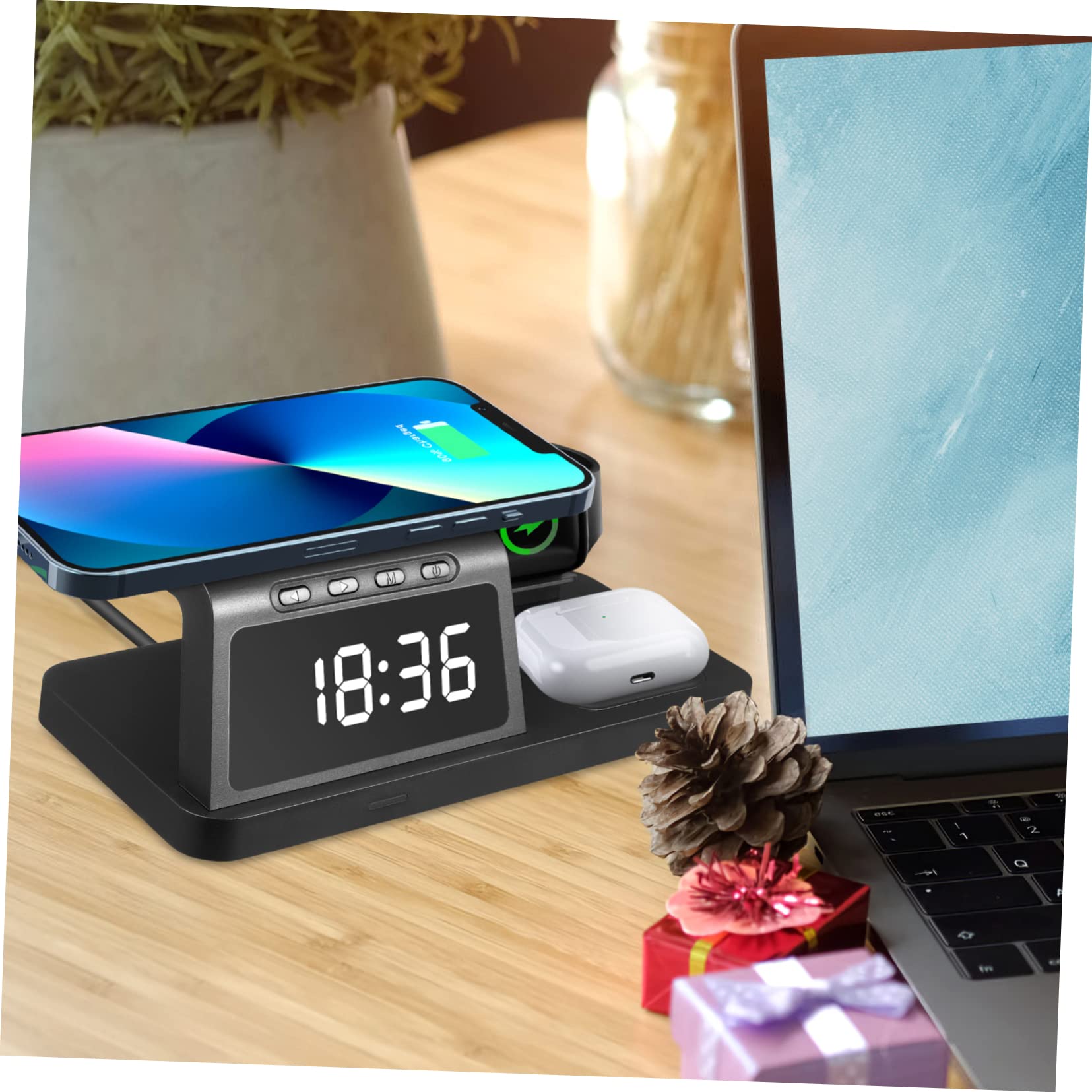 SHINEOFI Station De Charge sans Fil pour Montre Connectée Et Appareils Support Horloge Numérique Chargeur Multifonctionnel