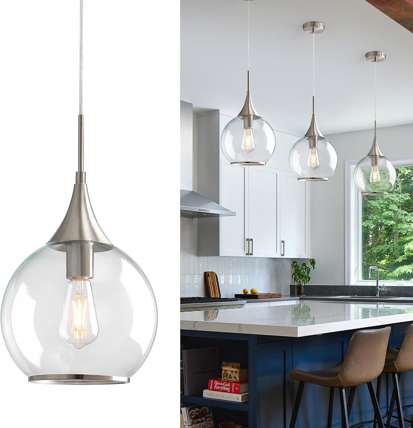 Pendant Lights Kitchen Island: Brushed Nickel Light Fixture Farmhouse with Clear Glass - 10 Inch Mid Century Globe Kitchen Lighting Fixtures Ceiling for Hallway Brushed Nickel 1 Pack-10inch