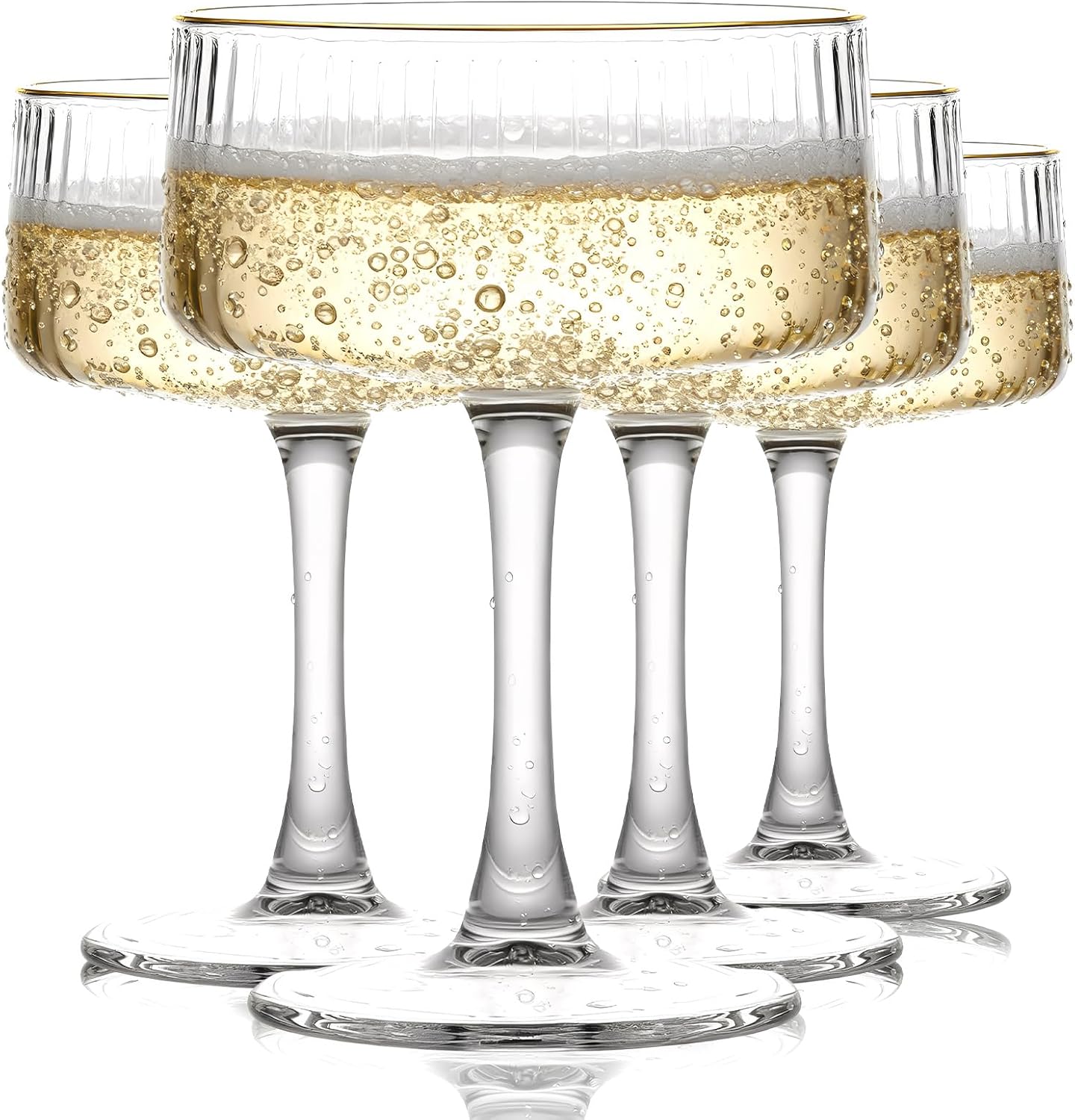 Ribbed Vintage Art Deco Coupe Glasses - Martini, Champagne & Cocktail Ribbed Glasses 8oz | Crystal Ripple Goblet Glassware Set, Gilded, 4 Pieces, Housewarming Gift