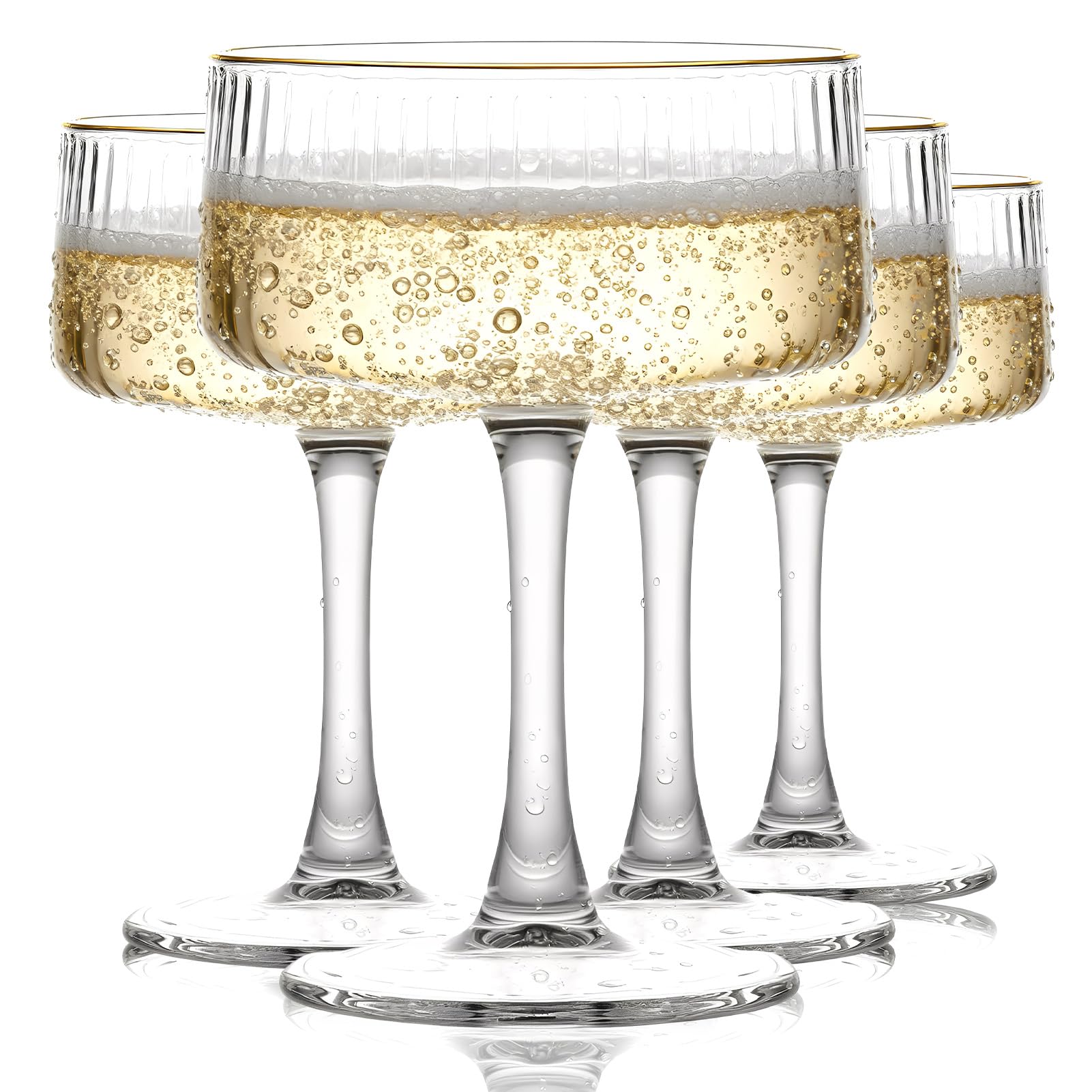 Martini Glasses Set of 4, Champagne Coupe Glasses with Gold Rim, 260ml Vintage Ribbed Cocktail Glasses for Espresso Martini, Margarita, Prosecco and Manhattan
