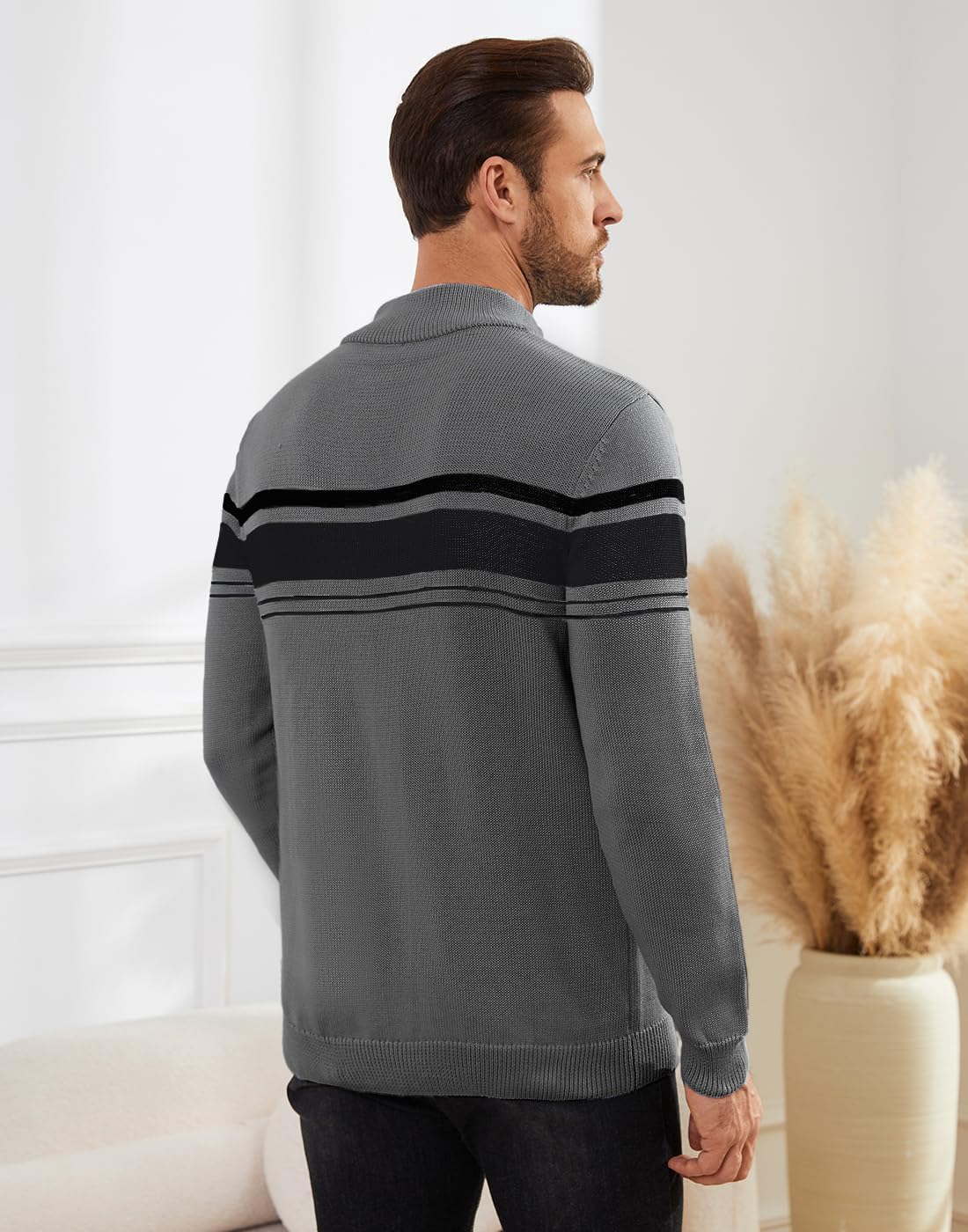 Mens Sweater Quarter Zip Sweater Casual Striped Long Sleeve Fall Winter Warm Polo Pullovers - Image 3