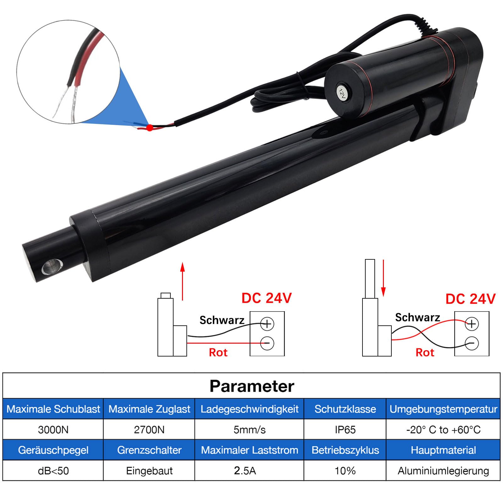 Hub de 50 mm, 3000 N, IP65, resistente al agua, accionamiento lineal, 24 V, motor lineal de 5 mm/s, con soportes de montaje para puertas de ascensor, armario, abridor de ventanas, abridor de