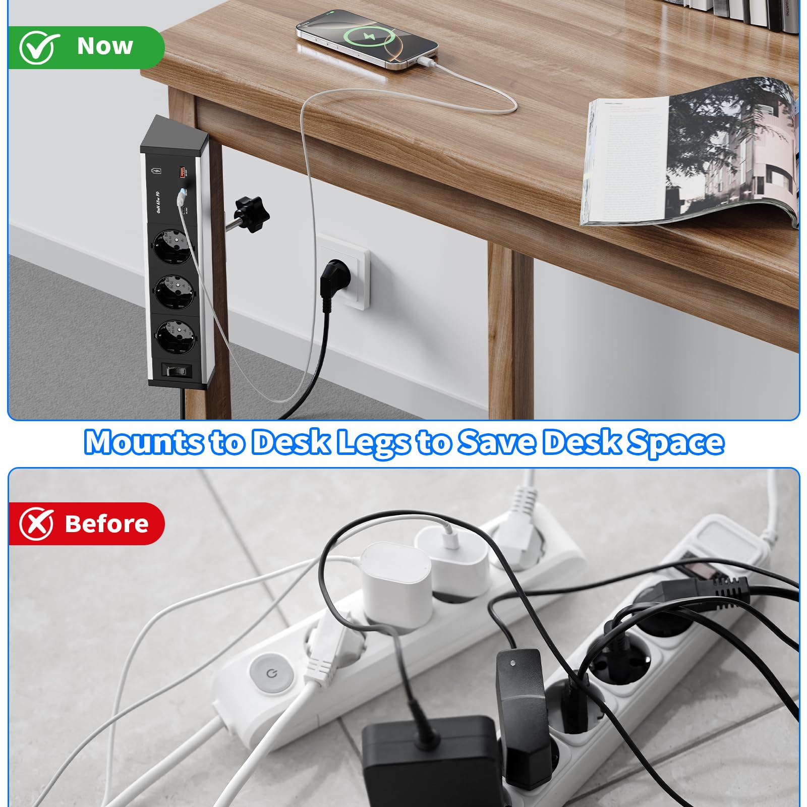 Regleta de Escritorio con USB-C PD 65W GAN, 3 Tomas, con Pinza | USB-C2 y USB-A hasta 25W, carcasa de aluminio, interruptor, protección contra sobrecargas, cable 3 m, oficina y escritorio