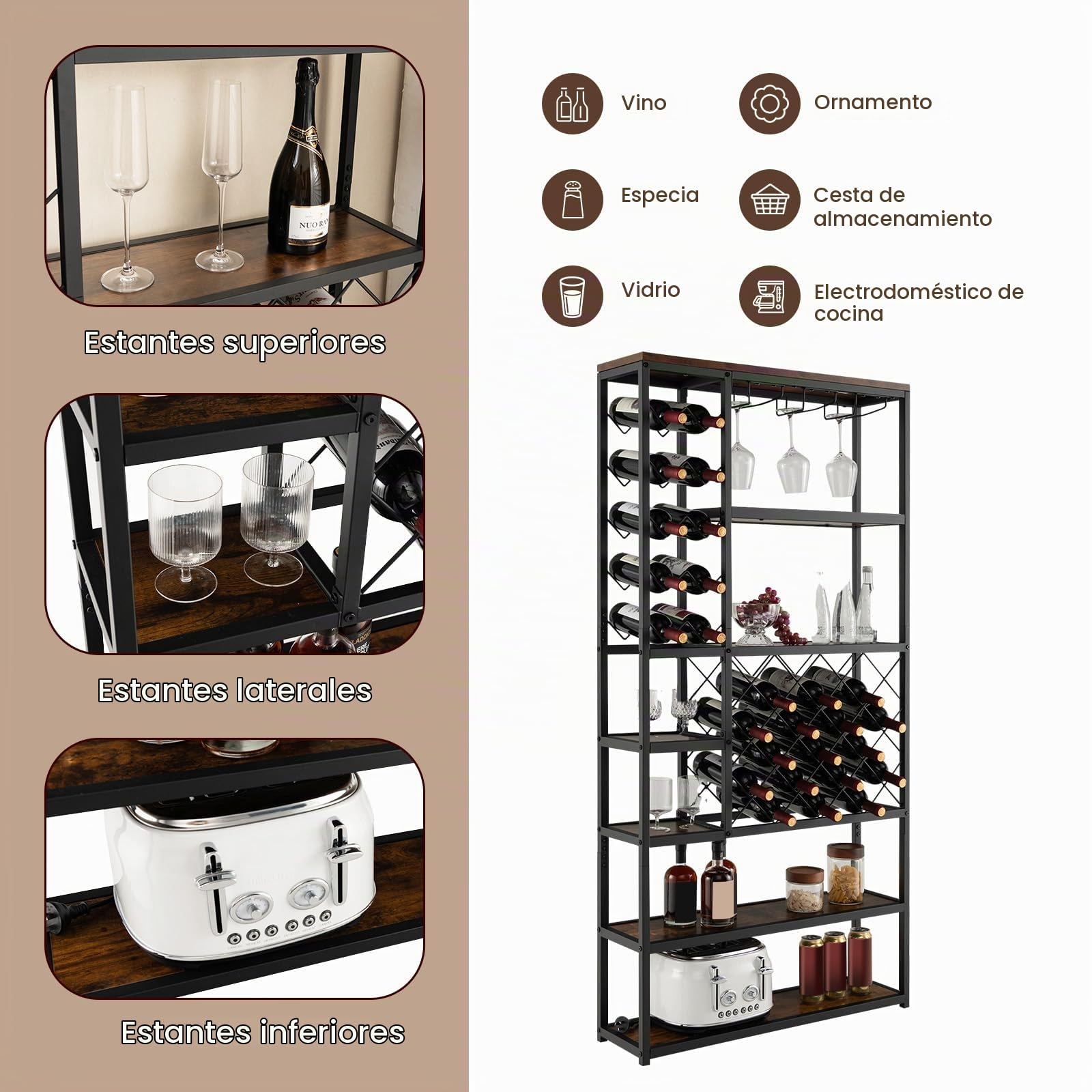 KOMFOTTEU Botellero para 27 Botellas, Estantería de Vino con 7 Niveles de Estantes y 3 Filas de Portavasos, Armario de Madera de Pie, Mueble Exhibición para Comedor, Despensa, Bar, 81 x 23 x 166 cm