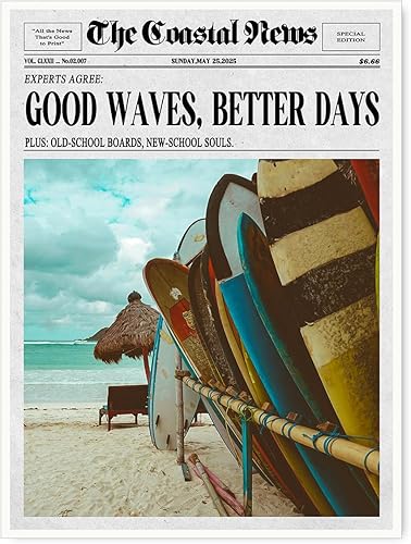 Arte de pared vintage de surf costero, impresiones de periódicos de buenas olas mejores días, pósteres de lona retro para playa y playa, ambientes