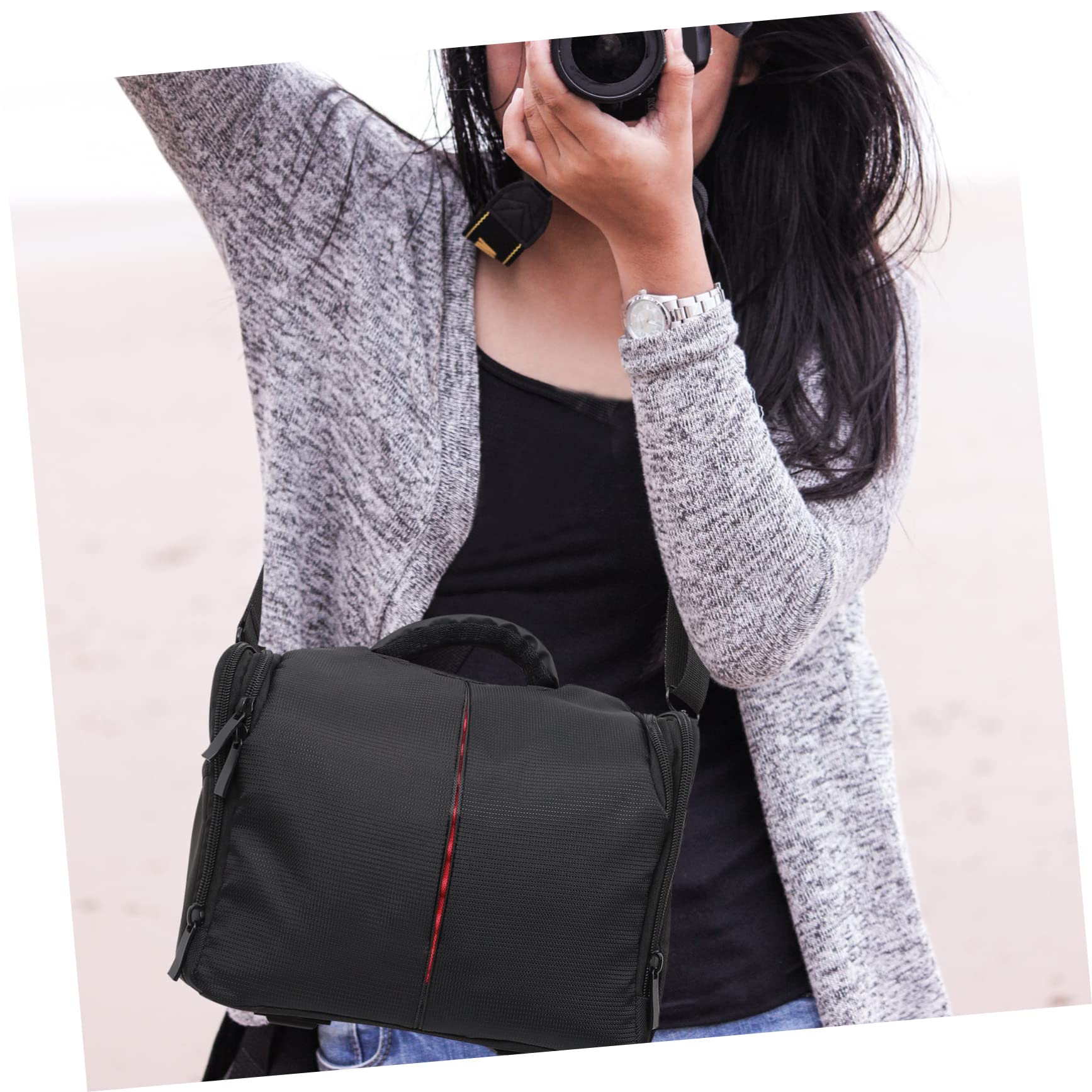 Borsa per Fotocamera Reflex, Borsa a Tracolla Nera in Nylon e Pvc, Antiurto, Tracolla Regolabile e Tasche Interne