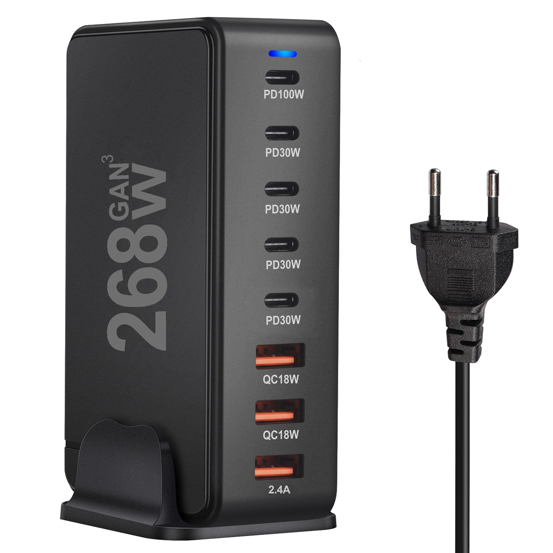 Caricabatterie da 268 W multipresa 8 Porte USB da scrivania 5 USB-C 100 W e 30 W USB-A 18 W e 12 W Tecnologia GAN3 Ricarica Rapida