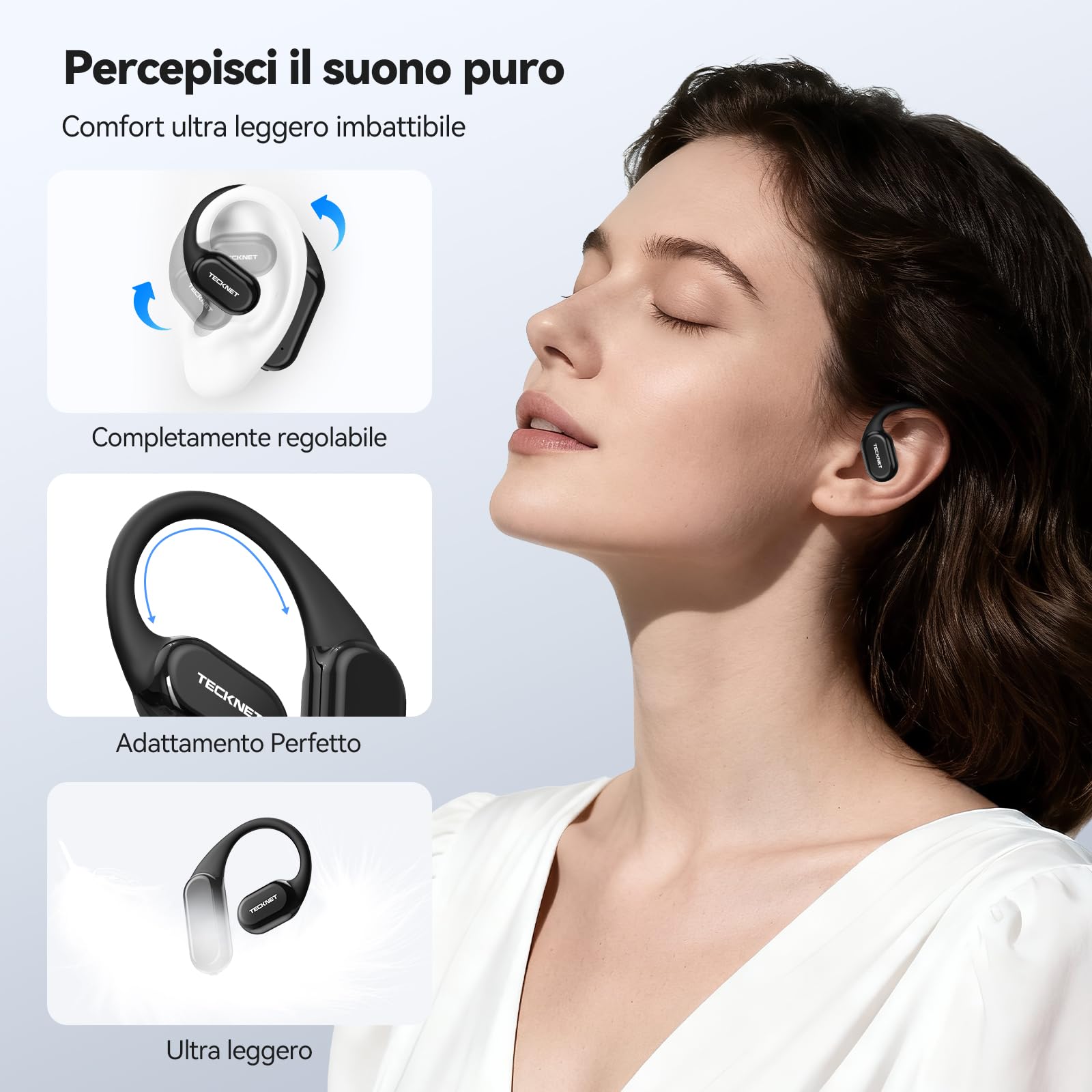 TECKNET Cuffie Open-Ear, Auricolari Bluetooth Wireless a Conduzione Ossea | Autonomia di 60 Ore con Ricarica Rapida, Impermeabilità IP68, Auricolari Bluetooth Sport Leggere.