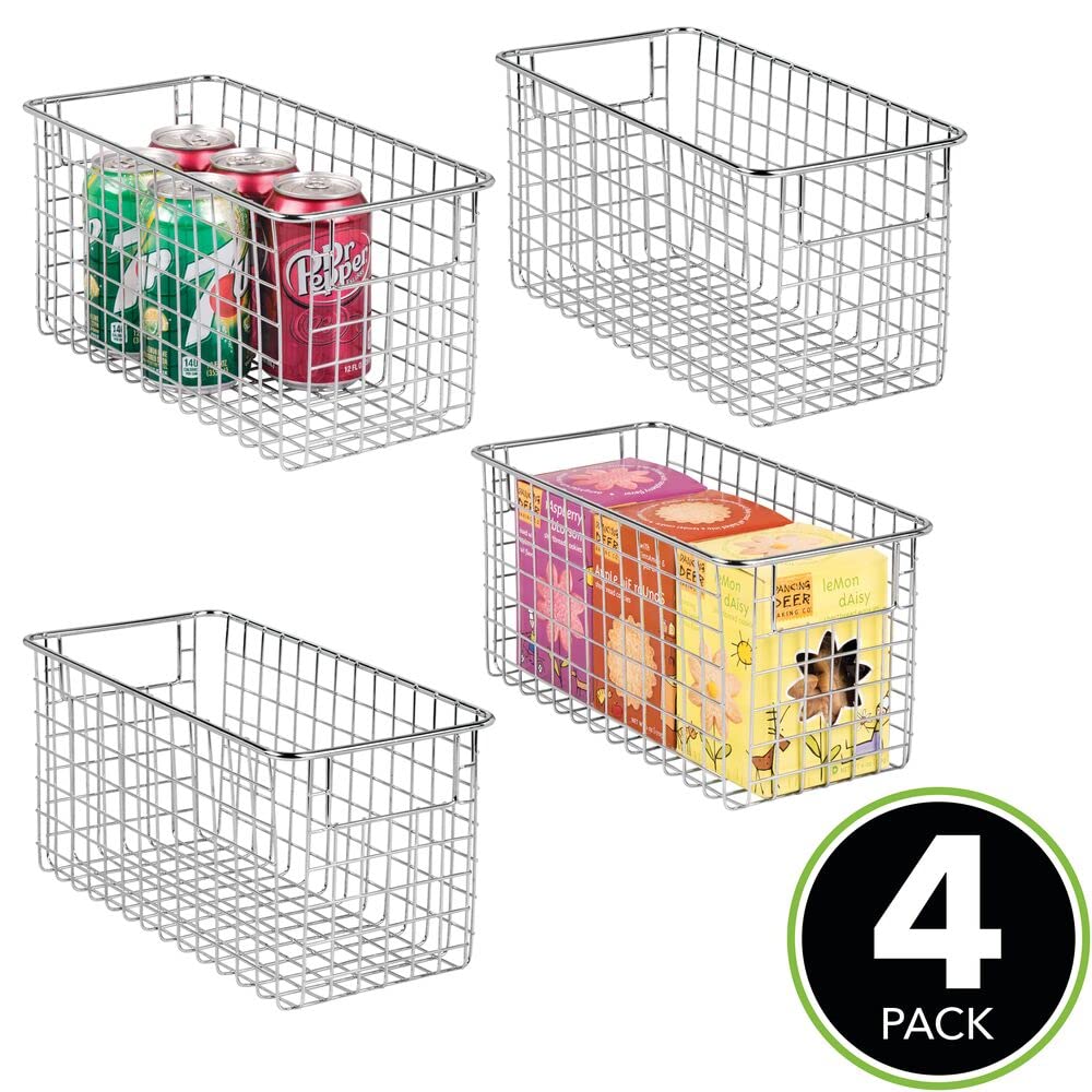 mDesign Metal Wire Food Storage Basket Organizer with Handles for Organizing Kitchen Cabinets, Pantry Shelf, Bathroom, Laundry Room, Closets, Garage - Concerto Collection - 4 Pack - Chrome