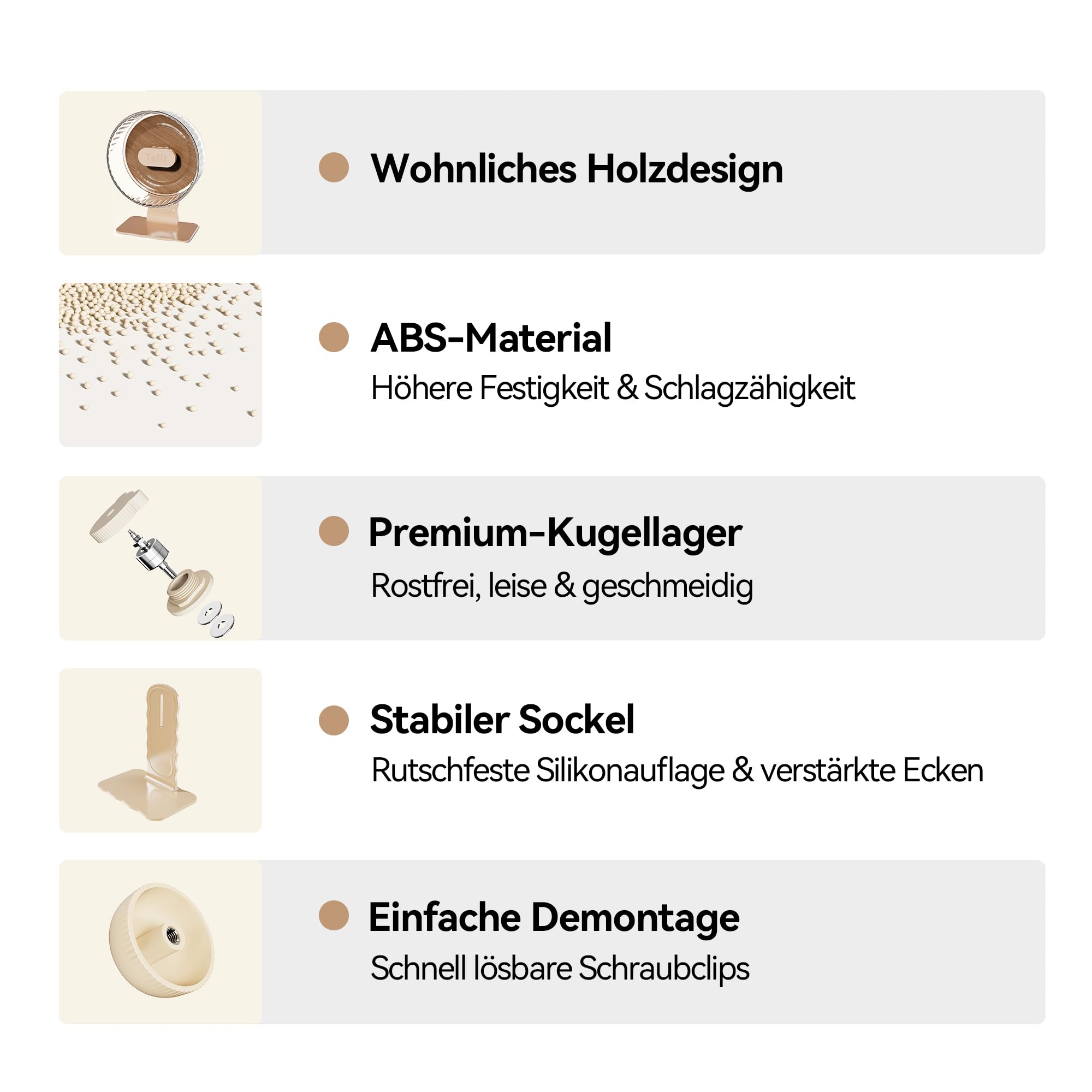 Silent Hamsterrad 22 cm mit Holzoptik-Rückwand – Höhenverstellbares, leises Laufrad mit Doppellagern für Zwerghamster, Mäuse, Igel & Kleintiere (Warmbraun)